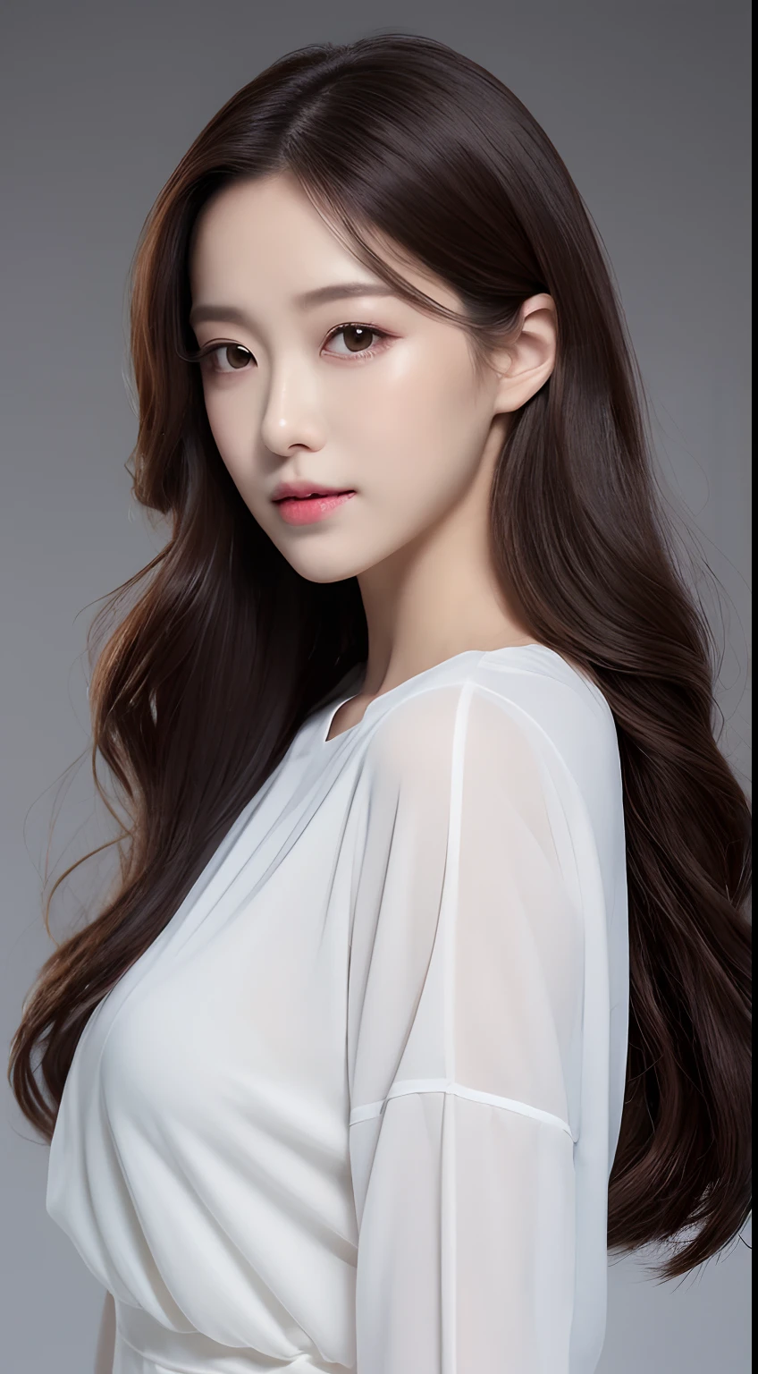 ((Realistic lighting、top-quality、8K、masterpiece:1.3))、Clear focus:1.2、1girl in、flawless beauty:1.4、、Neat and clean clothing、One-piece clothes、Superfine Face、Narrow-eyed、二重まぶた、lighting like a movie、photos realistic、28 year old、Rolled hair、Face like a K-pop idol、white backgrounid、Gray background、Mature Woman、Classy makeup、Angle of pull、length hair、Longhaire、long hair