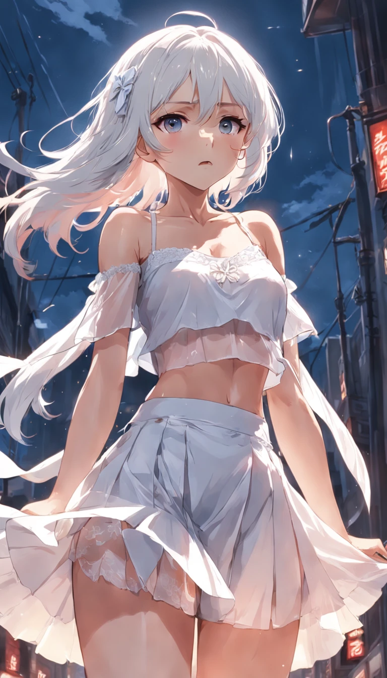 White the_Skirt、full body Esbian,,see -through、lacy clothing、teats see through,Open_lingerie,A skirt that flutters in the wind,Underwear with open chest