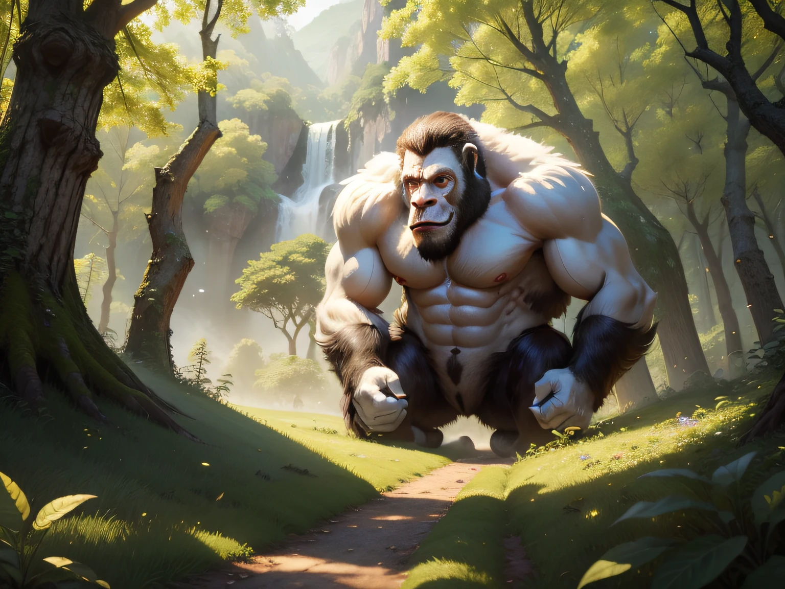 tmasterpiece,A high resolution,CG animation,8K,((White ape)),Green mountains,fruit trees,the woods,Transparent crystal,gold,