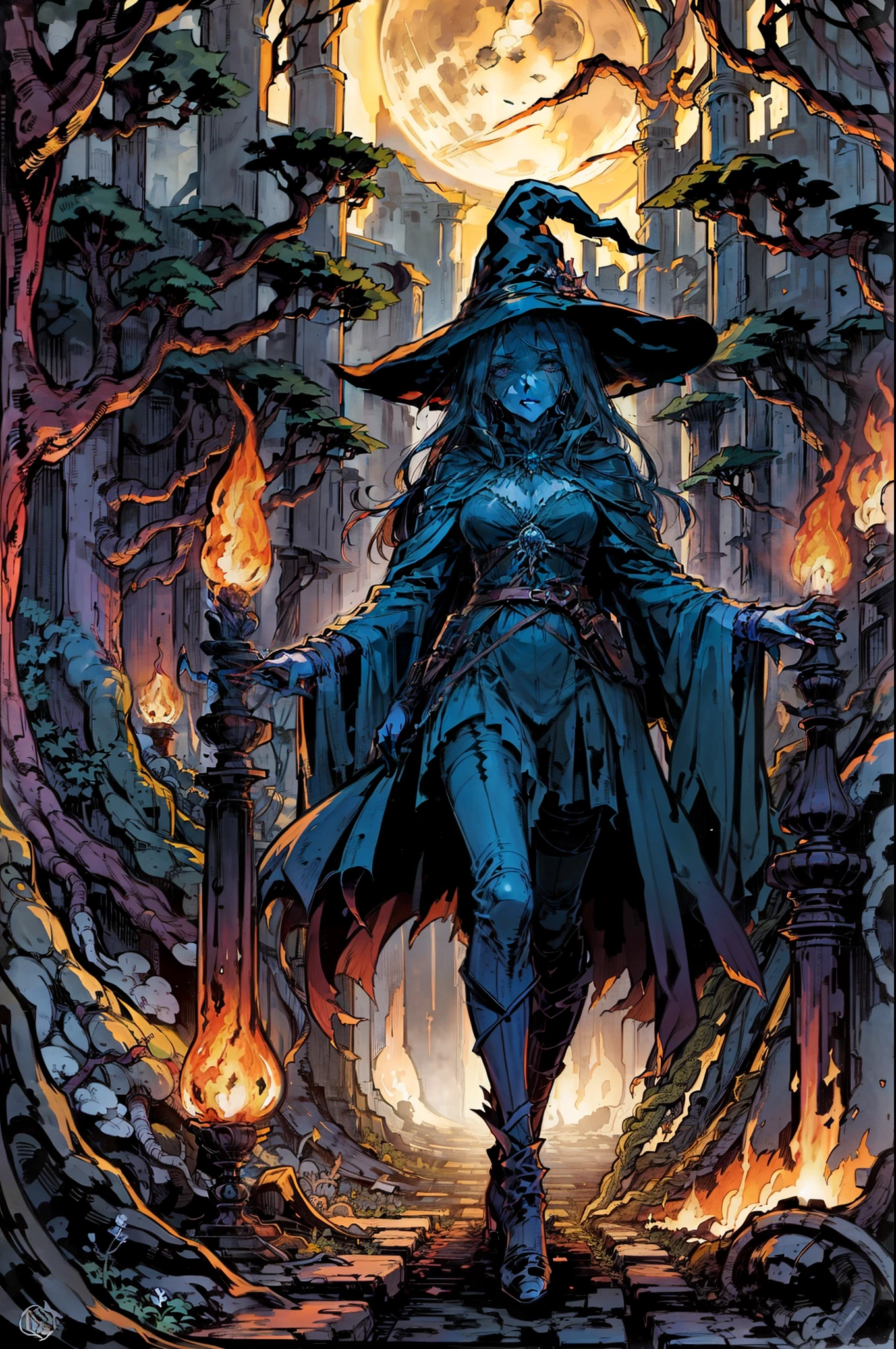a captivating image of a witch immersed in the arcane arts, conjuring magic in an atmosphere imbued with darkness. Envision a moonlit clearing in a dense forest, surrounded by towering trees. The moon casts an ethereal glow, illuminating mist that hangs low on the ground. At the center stands the witch, her silhouette framed against the eerie backdrop. The witch wears a flowing cloak that seems to merge with the shadows, while her eyes gleam with an otherworldly intensity. Her hands are adorned with ornate rings, and they move in intricate patterns as she harnesses the magic that swirls around her. The air crackles with energy, and symbols of mysticism and power form in the air before her, weaving a tapestry of dark enchantments. In her presence, candles flicker to life, their flames dancing to an unseen rhythm. A cauldron, placed over a fire, emits tendrils of swirling mist, carrying the scent of ancient herbs and secrets. The image should evoke a sense of both wonder and unease, as if the witch's mastery over the arcane defies the very fabric of reality. The interplay of light and shadow should accentuate the magical elements and the intensity of her focus. The color palette should be dominated by deep, rich hues, with the moon's light creating stark contrasts. The forest's sounds are hushed, as if the world itself holds its breath in anticipation of the witch's conjurations. The result should be a breathtaking visual representation of a witch lost in the art of dark magic, inviting viewers into a realm where the line between reality and fantasy blurs.