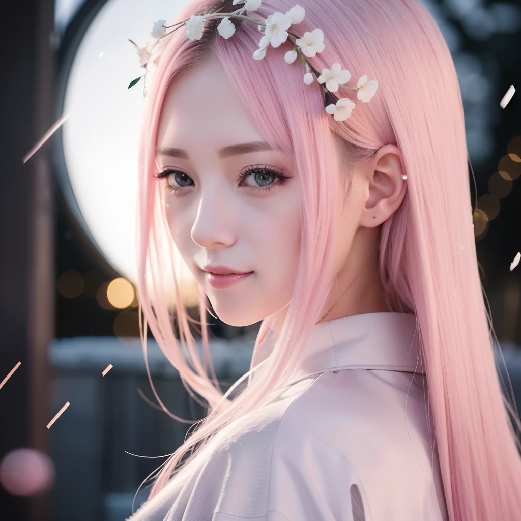 Sakura uchiha. A woman was standing outside in the snow. He appeared to be wearing a silver colored kimono. He looked back. With a smile. Her skin was as white as falling snow. Her hair is pink and unlaced. She looks so graceful and realistic
