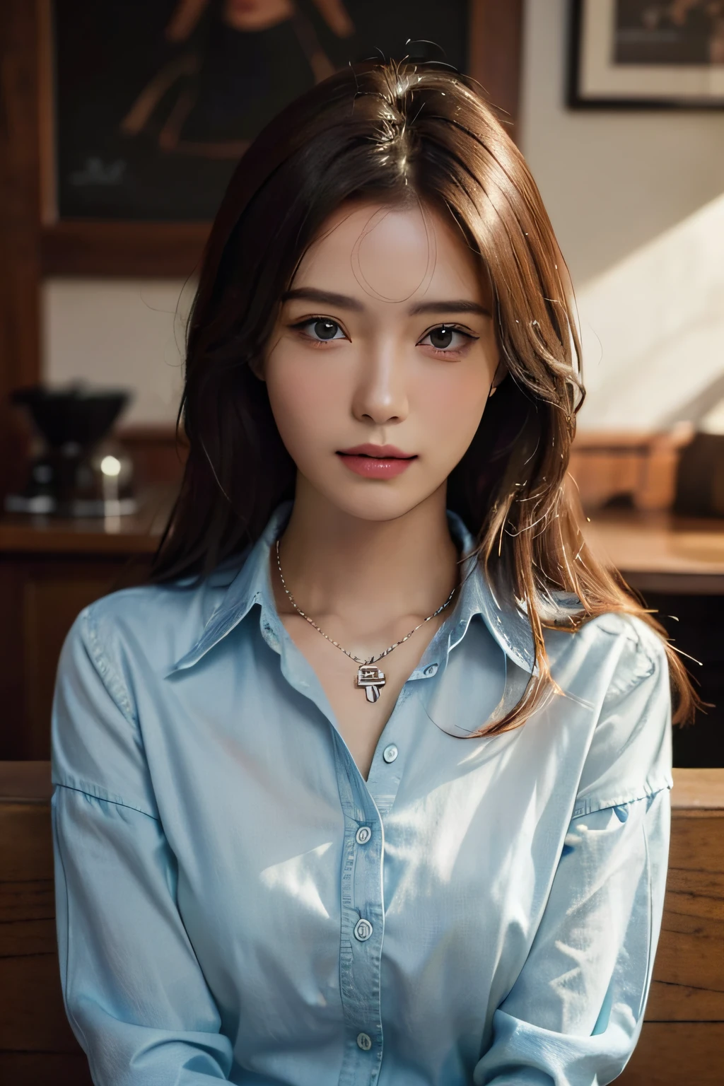 (best quality, complex details: 1.2) ,a girl ,solo, ( looking at viewer),pure red women's long sleeves collared shirt ,necklace,(denim short),long hair,hand coffee in the coffee house,many people,realistic,ultra-detailed,photorelistic,detailed face,aqua eyes,sad,