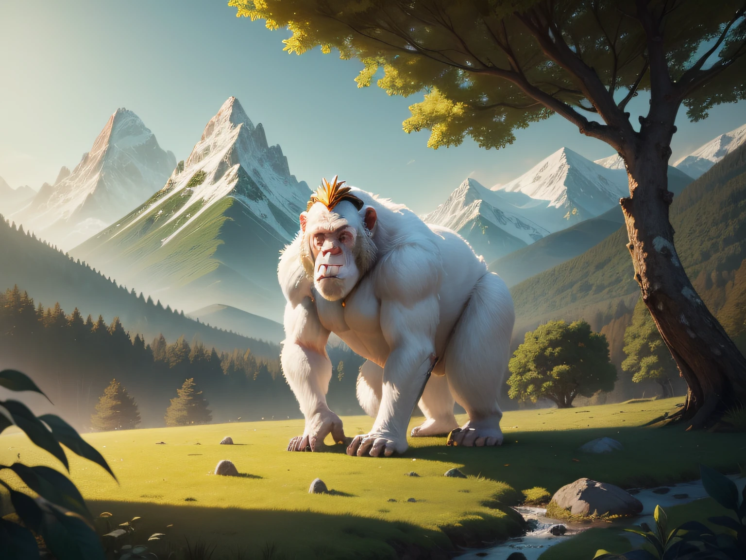 tmasterpiece,A high resolution,CG animation,8K,((White ape)),Green mountains,fruit trees,the woods,Transparent crystal,gold,