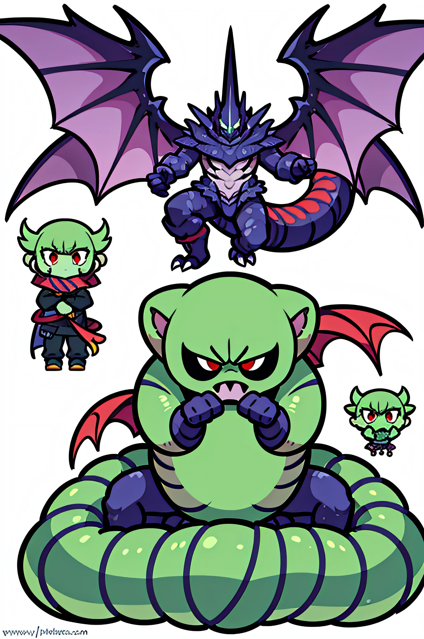 monster concept design, vector, white background, sprite art, masterpiece, high quality, character frames, character poses, serpent