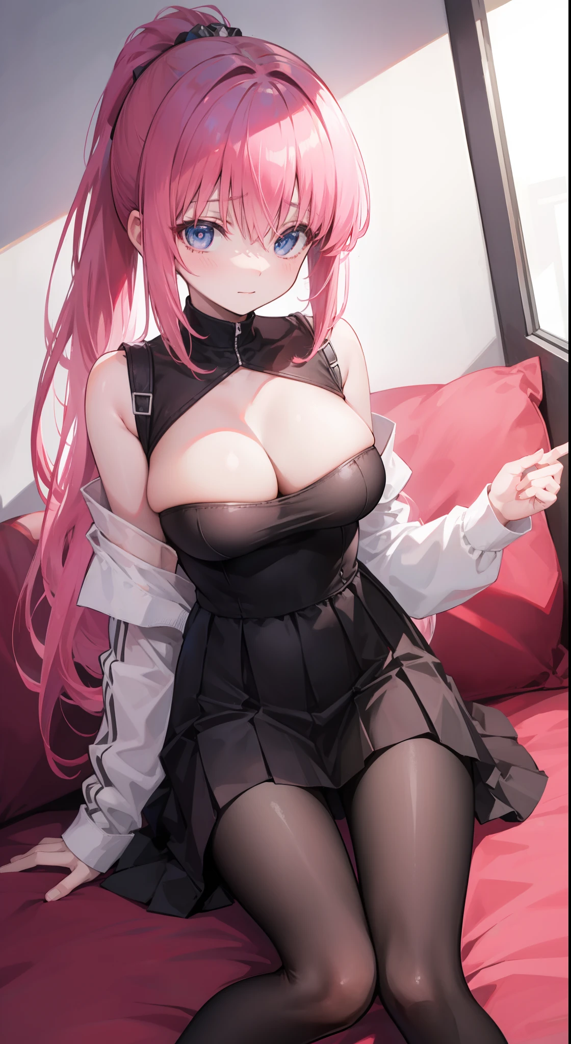 anime girl, alone, pink hair, ponytail, black female dress, erotic female dress, skirt, love look, pantyhose, medium bust, cleavage