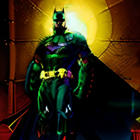 Corpulent superhero. Batman de arhkam ahsylum yKamen Rider Sol Negro fusionados. Traje bien verde oscuro. Symbol of a cricket. Cricket wings as black superhero cape. Pose de Batman el caballero de la noche. Alrededor de un fondo negro