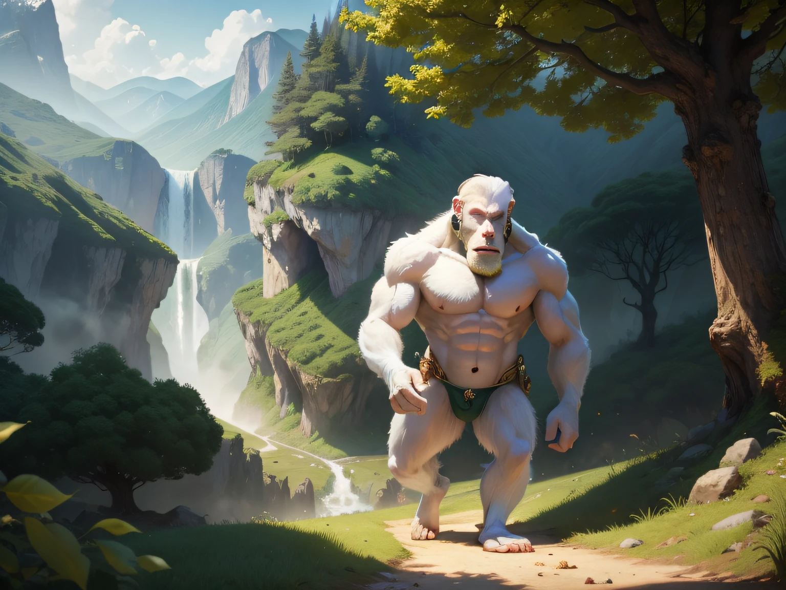 tmasterpiece,A high resolution,CG animation,8K,((White ape)),Green mountains,fruit trees,the woods,Transparent crystal,gold,