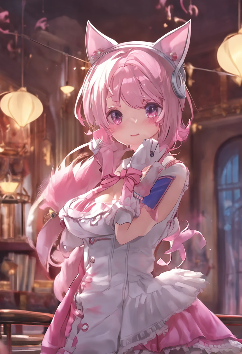 A girl with pink cat ears, a cat tail, glasses, long silver hair, a bell collar, a pink and white maid outfit, and white stockings