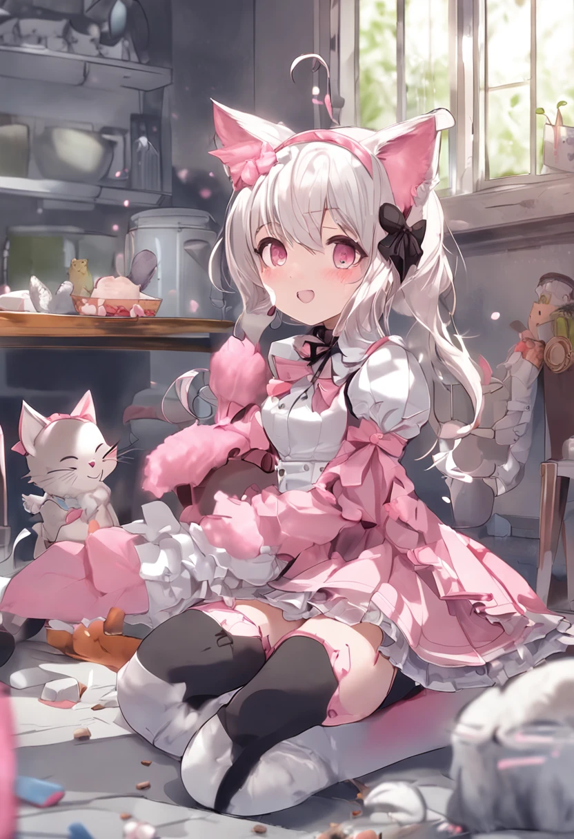 A girl with pink cat ears, a cat tail, glasses, long silver hair, a bell collar, a pink and white maid outfit, and white stockings