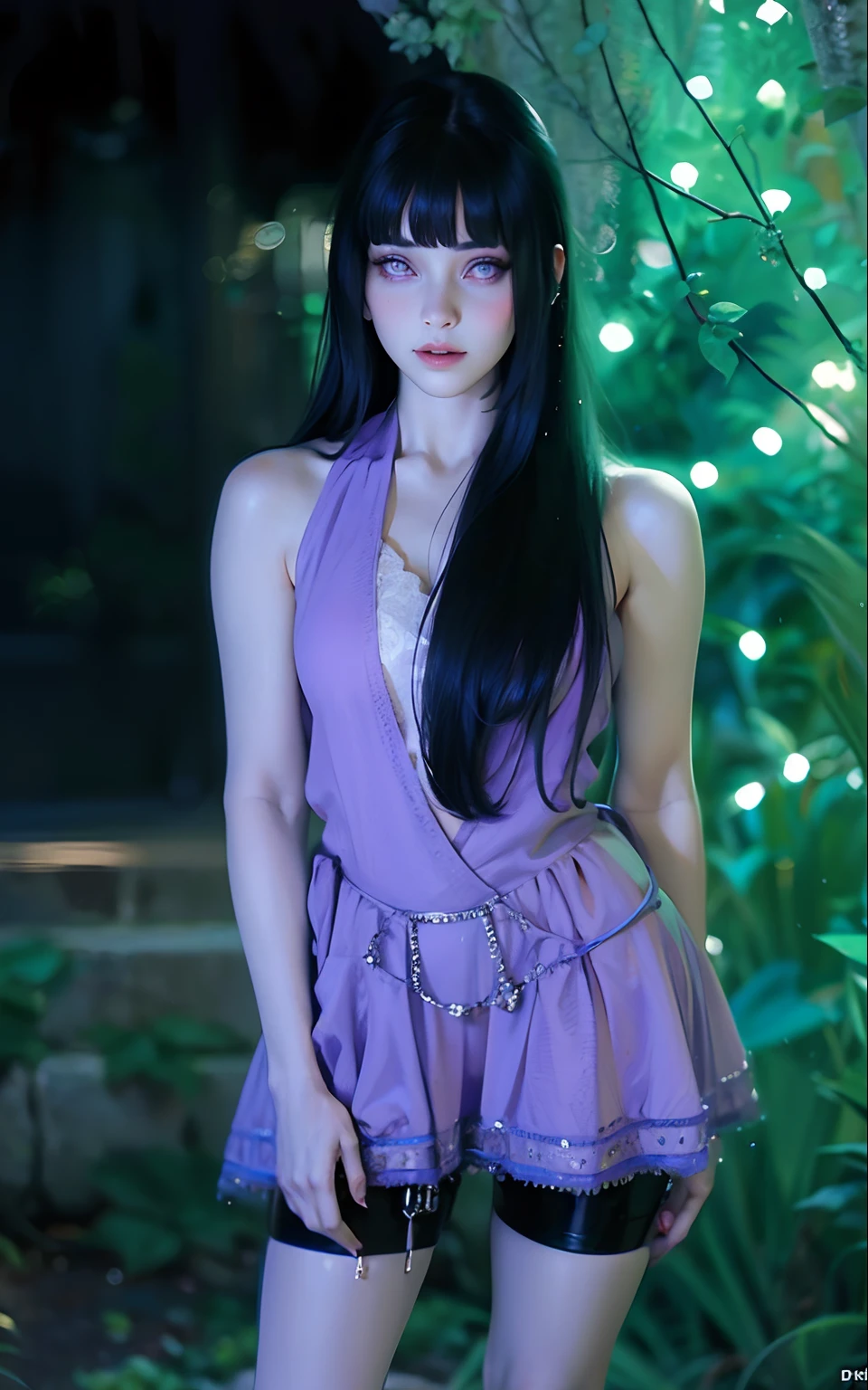 a close up of a woman in a purple dress posing for a picture, blunt bangs, purple eyes, dark blue hair, UHD, photoshoot, realistic, intricate detail, detailed character, big eyes