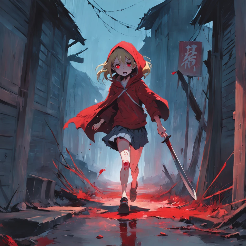 A zombie Little Red Riding Hood,
running,
personification,
Ragged,
Blood,
scary,
vicious,
dark atmosphere
England small town,
take knife., acrylic painting, trending on pixiv fanbox, palette knife and brush strokes, style of makoto shinkai jamie wyeth james gilleard edward hopper greg rutkowski studio ghibli genshin impact