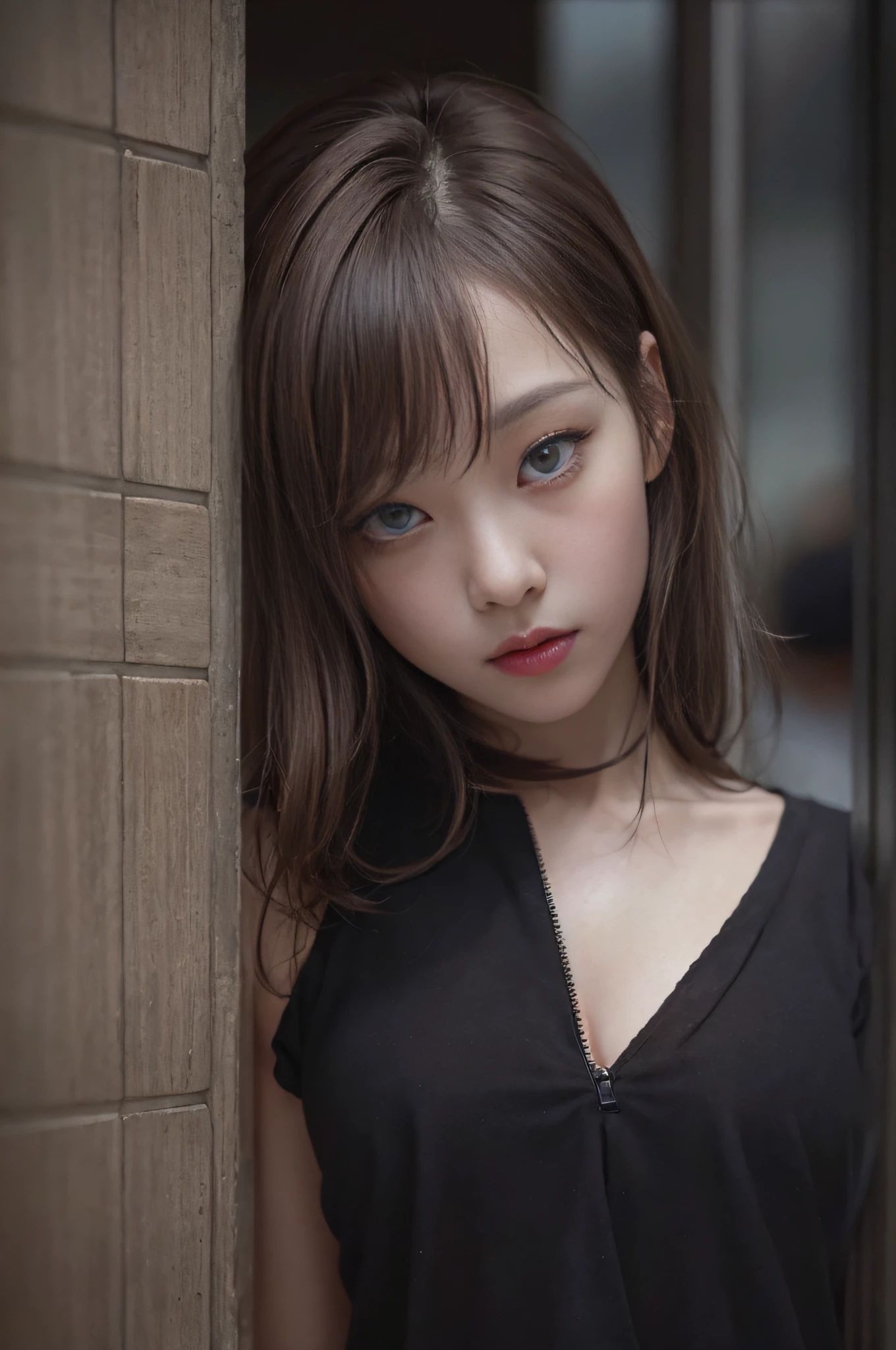 Top image quality、Raw photography、超A high resolution、An 18-year-old woman、Shooting for one person only、modelshoot、big round chest、cleavage of the breast、tshirts、Wearing a black skirt、Beautiful Eyes of Details、very elongated eyes、Beautiful eyelashes、Beautiful double eyelids、Black walls、very slender legs、Shorthair with light brown hair、very slender physique、Very small buttocks