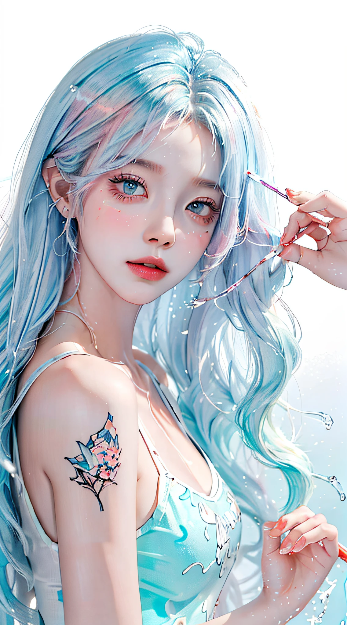 (Masterpiece, Best Quality, High Resolution), White Background, Acrylic Paint, ((Color Splash, Splash of Ink, Color Splash)), Sweet Chinese Girl, Long Light Blue Hair, [Light Blue|Pink] Hair, Curly Hair, Glitter, Peach Lips, White Shirt, Front, Upper Body