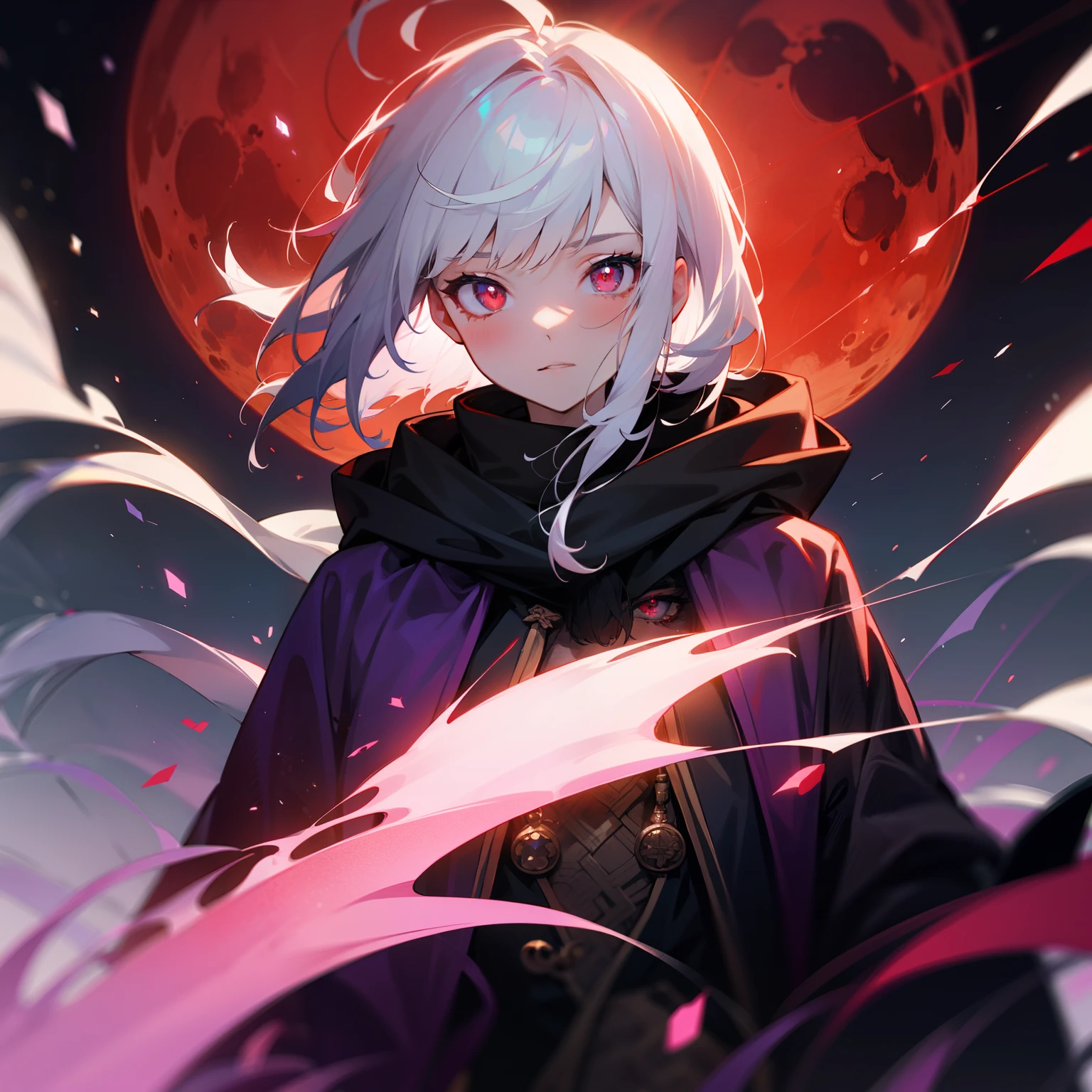 A girl with white hair,Bangs are more messy,Put on a hood,red pupils,Black scarf,The purple coat has tassel trim,red moon in the background,starlights,(Lighting particles),(Light effect)
