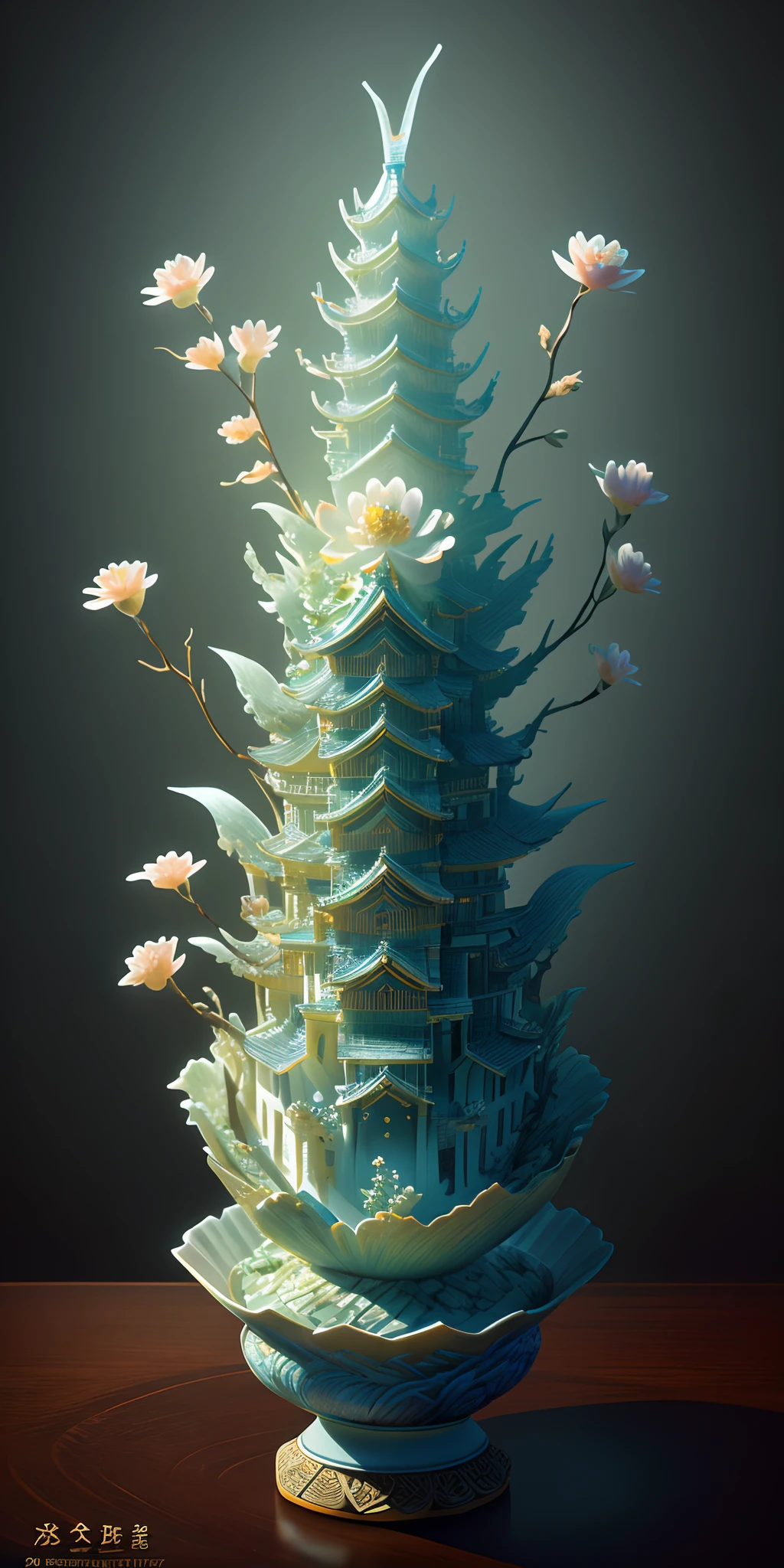 best quality, realistic, photorealistic, ultra detailed, "Mountain of Flower and Fruit+Fairy+Chinese Architecture" highly detailed carving on "southern ice" porcelain,Ultra wide angle,Accent Lighting,Volumetric Lighting,backlighting, (detailed light),((an extremely delicate and beautiful)),dramatic_shadow,ray_tracing,hdr