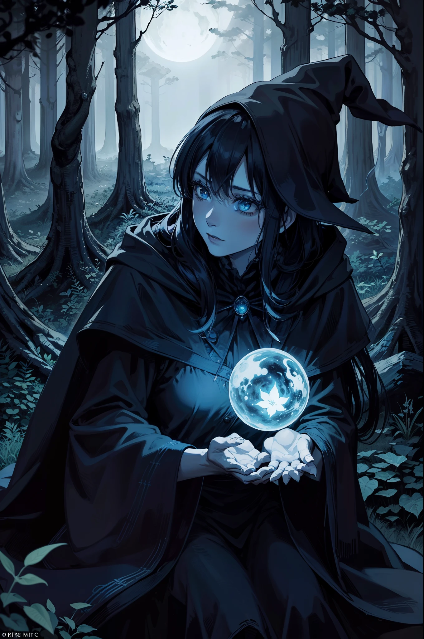 Create an image of a witch performing magic in a moonlit forest clearing. The witch wears a flowing cloak and her eyes glow intensely. Symbols of power form in the air around her as she casts spells. A cauldron emits mist over a fire. The scene evokes both wonder and unease, with deep colours and stark contrasts. Capture the witch's focus and the mystical atmosphere in this captivating image