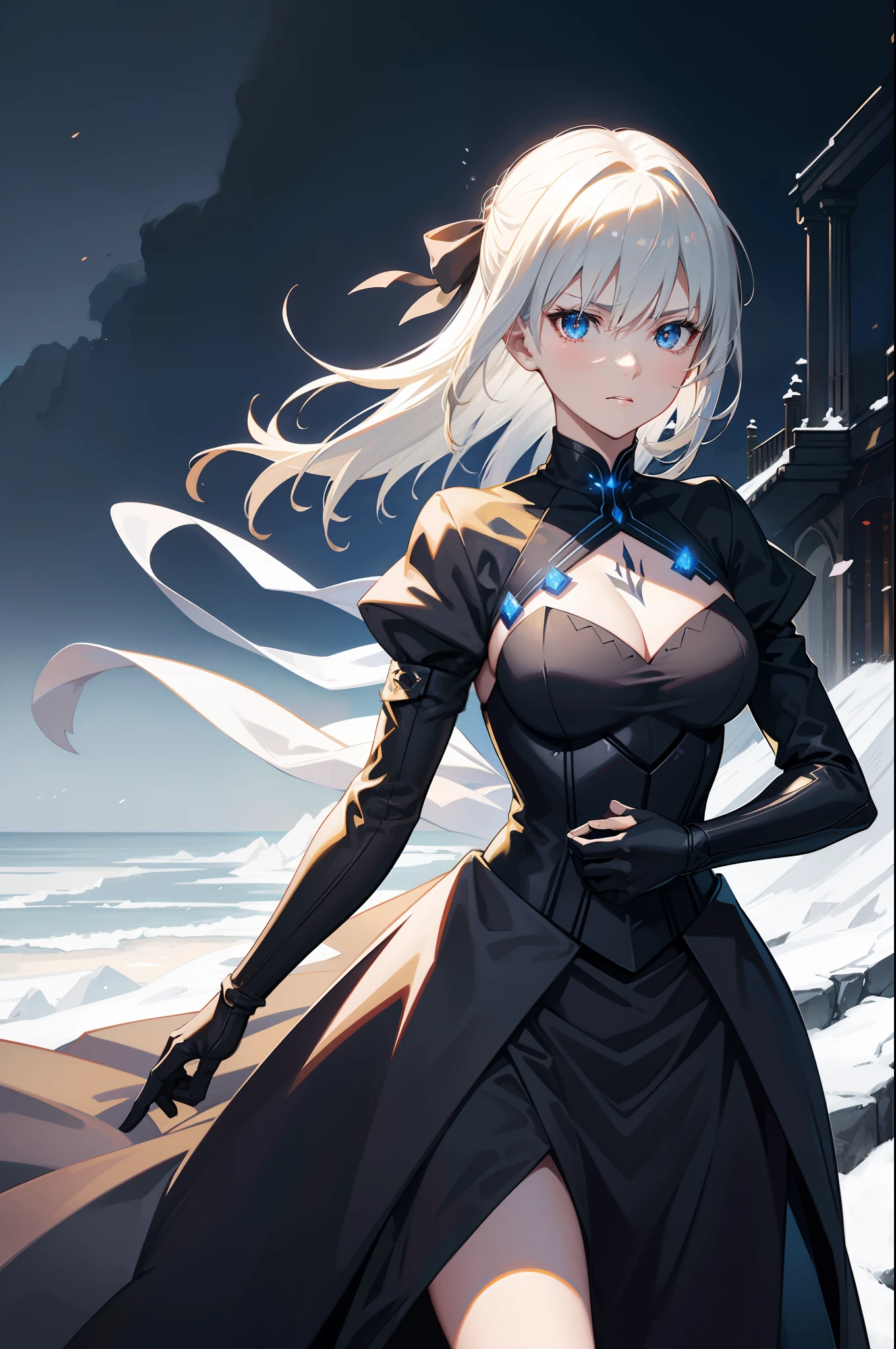 Saber Alter Fate Stay Night, dark aura, cold effect around, perfect body shape, sharp golden pupil, masterpieces, best anime 4k wallpaper quality, fantasy style art, river background, HD