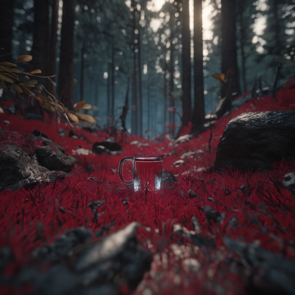 hand holding red liquid cup, in Dry Evergreen Forest, ultra realistic 8k octane photo, 8k unreal engine rendered, made with unreal engine 5, rendered in unreal Unreal Engine 5, Cryengine Rendered 8 k, Dark Bleeding Acid, Built in Unreal Engine 5