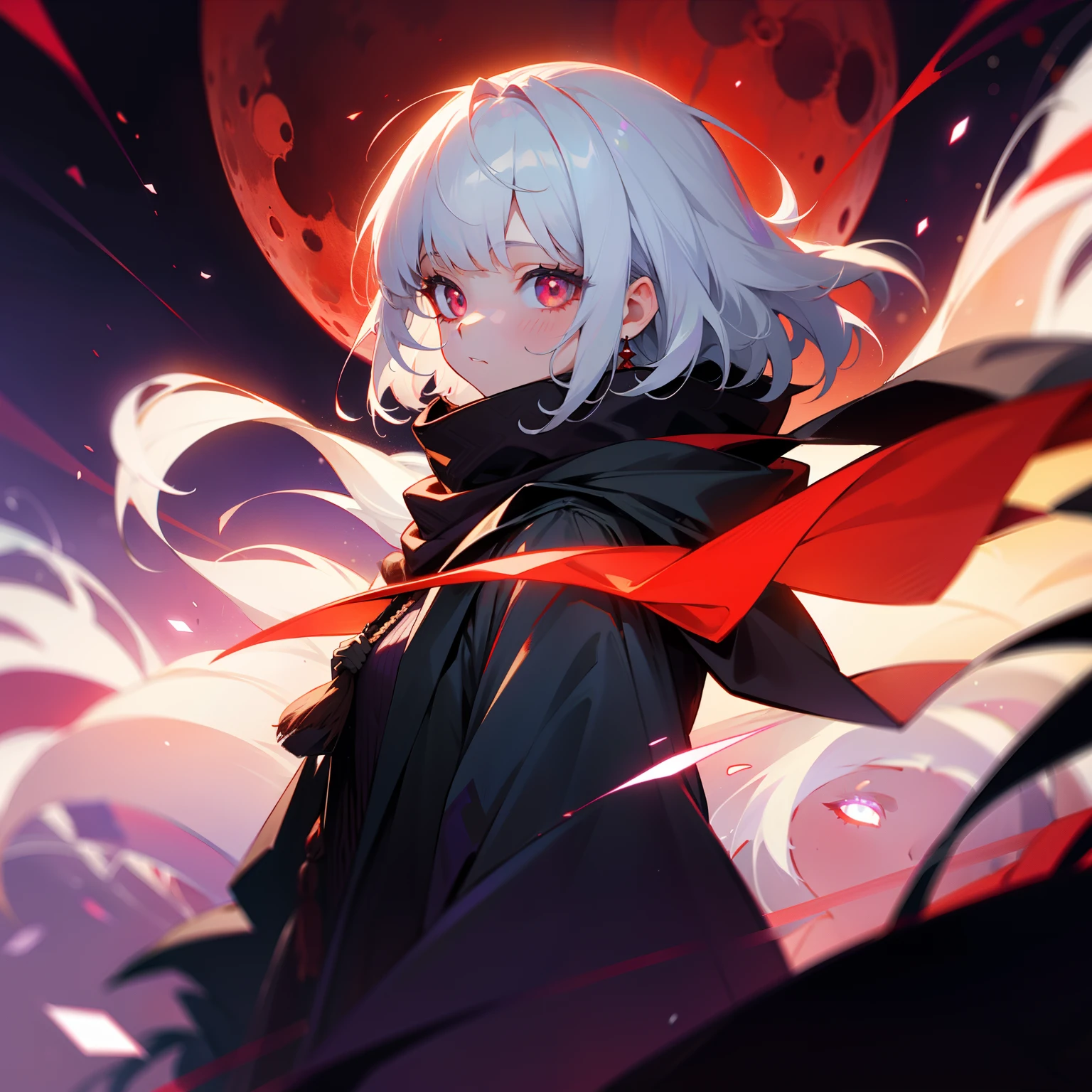 A girl with white hair，Bangs are more messy，Put on a hood，red pupils，Black scarf，The purple coat has tassel trim，red moon in the background，starlights，(Lighting particles)，(Light effect)