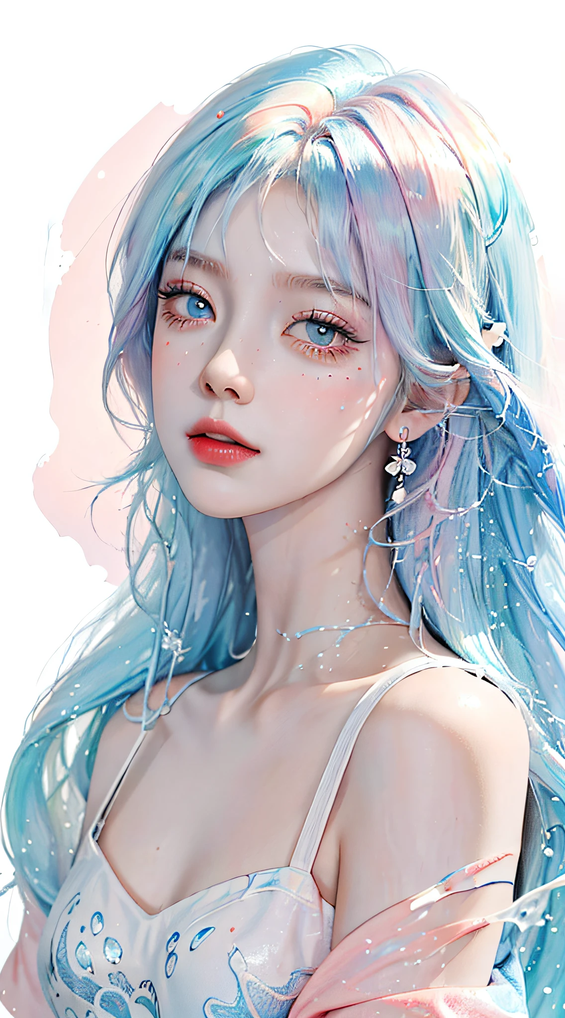 (Masterpiece, Best Quality, High Resolution), White Background, Acrylic Paint, ((Color Splash, Splash of Ink, Color Splash)), Sweet Chinese Girl, Long Light Blue Hair, [Light Blue|Pink] Hair, Curly Hair, Glitter, Peach Lips, White Shirt, Front, Upper Body