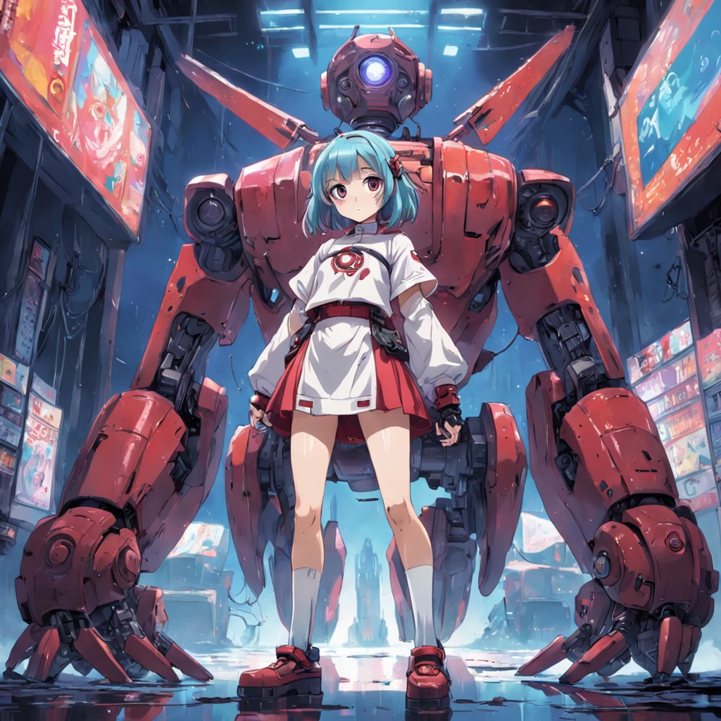 A skinny fatty. Girl with her hands out in front of her. Wears long T and mini flared skirt shorts. Behind her, an old mechanical robot. White, scarlet, black, seven colors, and iridescent color scheme on the robot. Camera-filled fresh blood. (Droopy vividness:1.6). (Masterpiece:2). (32K:2). (8K:2).