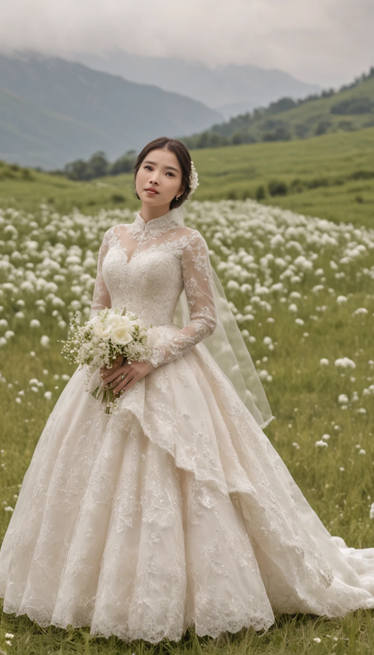 bride and groom posing for a wedding photo in a white dress, Cai Xukun, fantasy long intricate gown, inspired by Liu Haisu, Wedding dress, affable ， wenjun lin, yanjun cheng, Ruan Jia and Fenghua Zhong, white regal gown, & jeehyung lee & Phlegm sputum, phlegm, full pose, royal robe, Beautiful and elegant