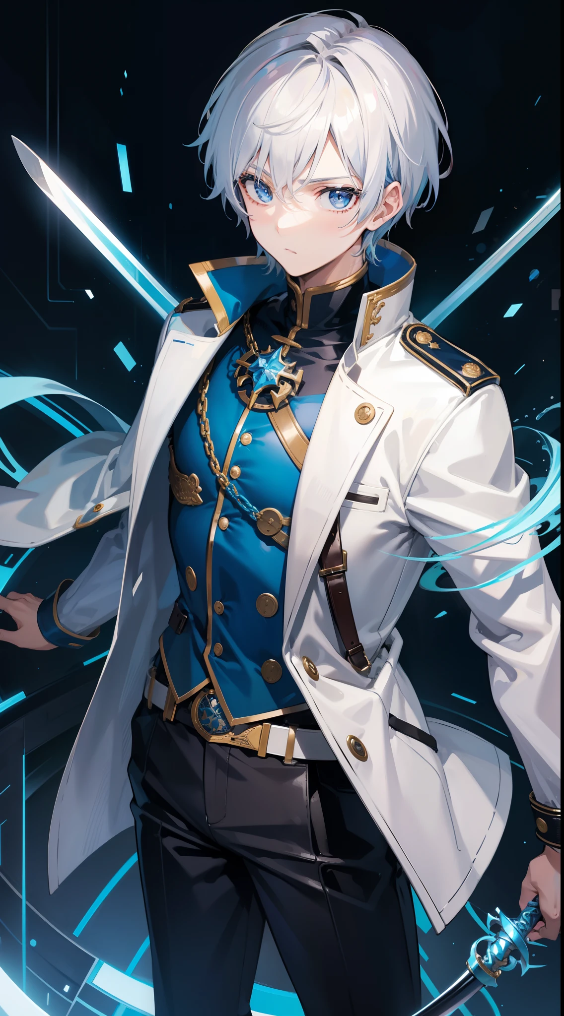 Grown-up guy, short white hair, eyes with blue color, Blue leather coat, belts, circuits, breeches, two swords, Masterpiece, hiquality