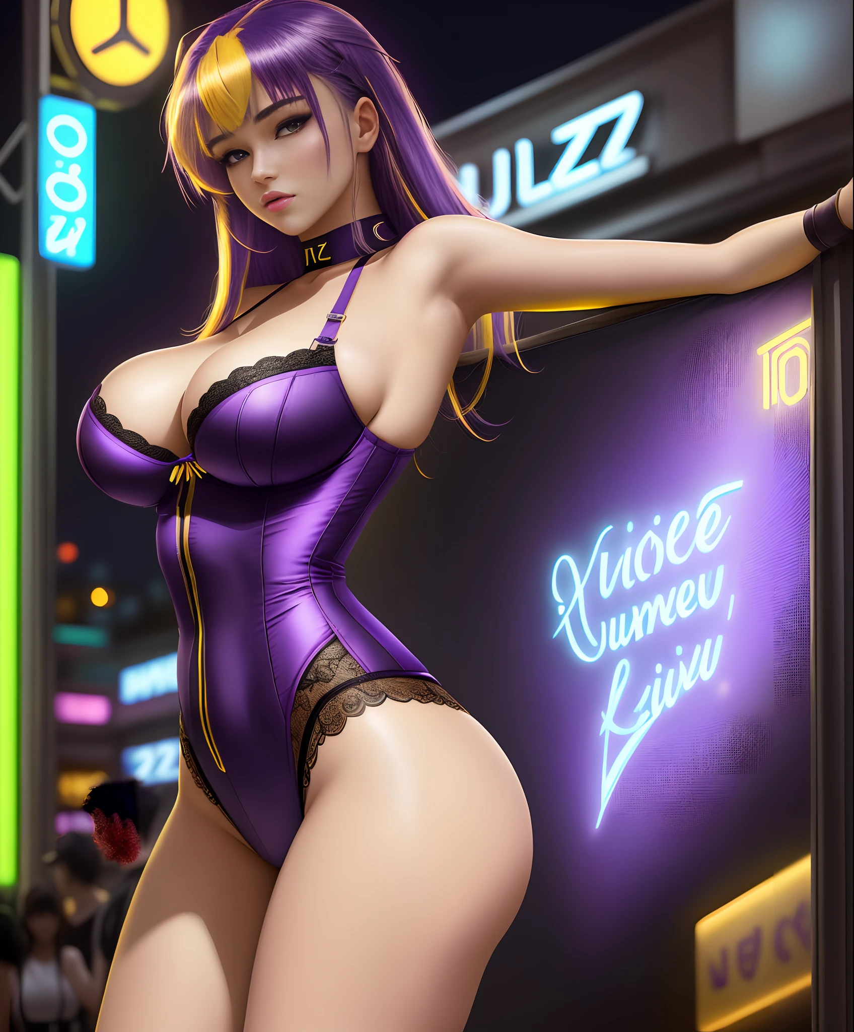 ((Ultra detailed realistic anime)), (Best quality), (tight lingerie), (showing gorgeous ass), gorgeous body, (big tits), sexy chest, (night club setting), neon lights, shop, Night, high saturation, bright colors, (1 sexy girl with purple and yellow hair:1.4), (erotic photo:1.1 ), (Sexy big lips:1.1) Sexy, High resolution 8k, (Nicole's Start (Zzz): 1.2 ), Desired Woman, (Highly detailed and sharp environment)