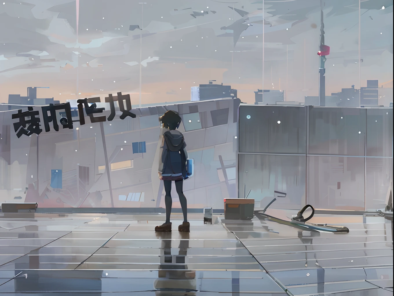 Anime girl standing in front of the window，The background is a city, in the style of makoto shinkai, inspired by Makoto Shinkai, Guviz-style artwork, in front of a sci fi cityscape, Gloomy. By Makoto Shinkai, Makoto Shinkai. a digital rendering, Stormy weather. Makoto Shinkai, tokyo anime anime scene