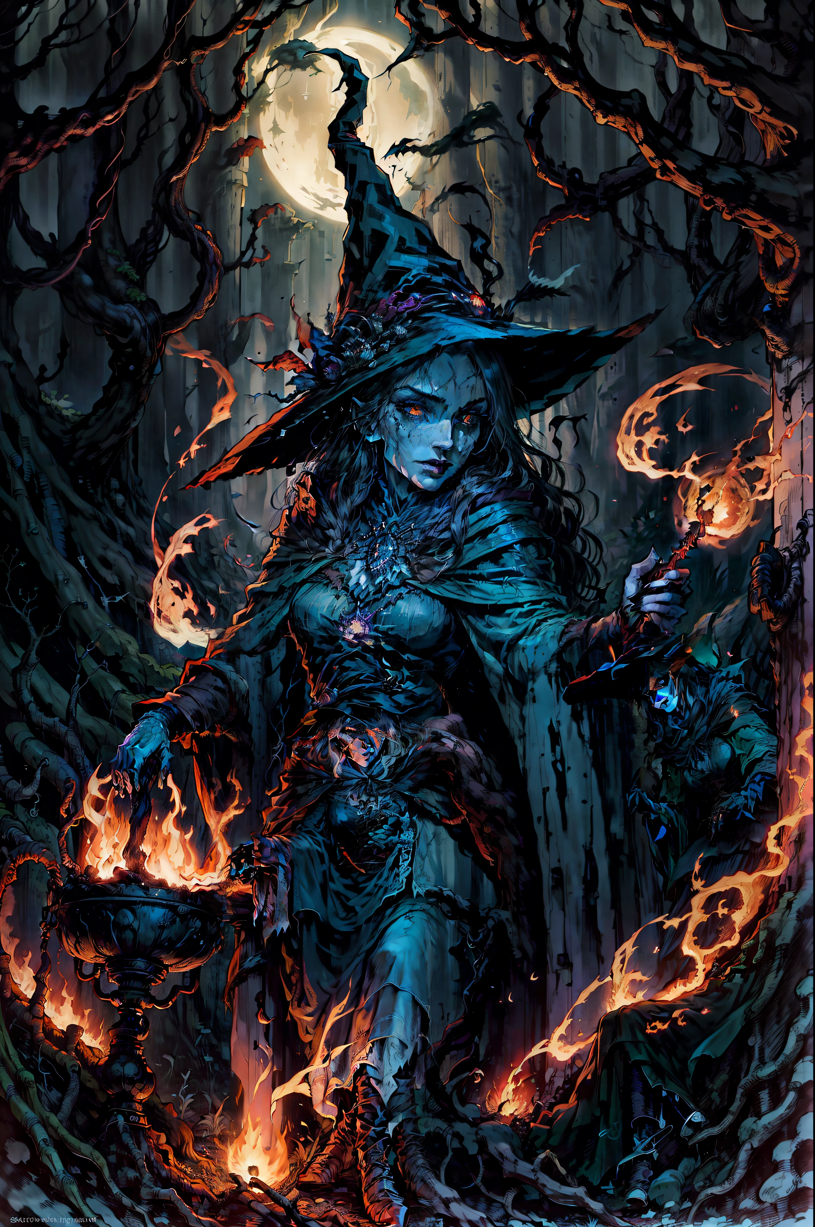 Create an image of a witch performing magic in a moonlit forest clearing. The witch wears a flowing cloak and her eyes glow intensely. Symbols of power form in the air around her as she casts spells. A cauldron emits mist over a fire. The scene evokes both wonder and unease, with deep colours and stark contrasts. Capture the witch's focus and the mystical atmosphere in this captivating image