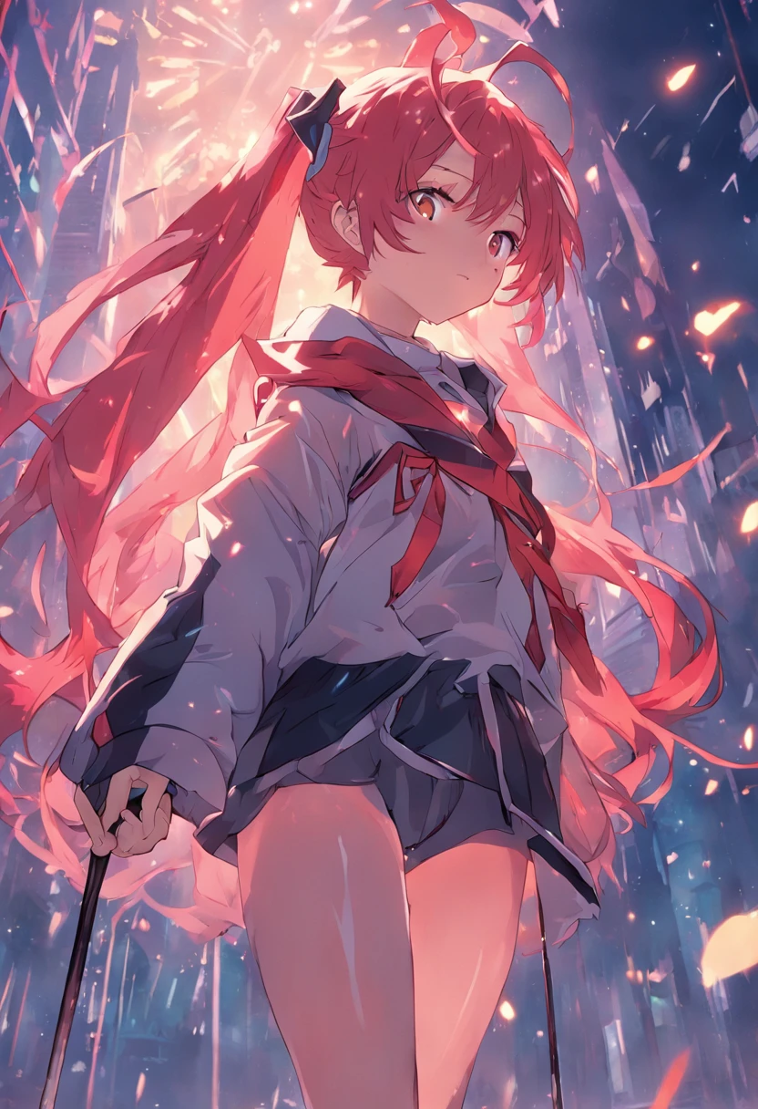 Anime two-dimensional style Double ponytail girl Tights shorts holding a spear Red pupils