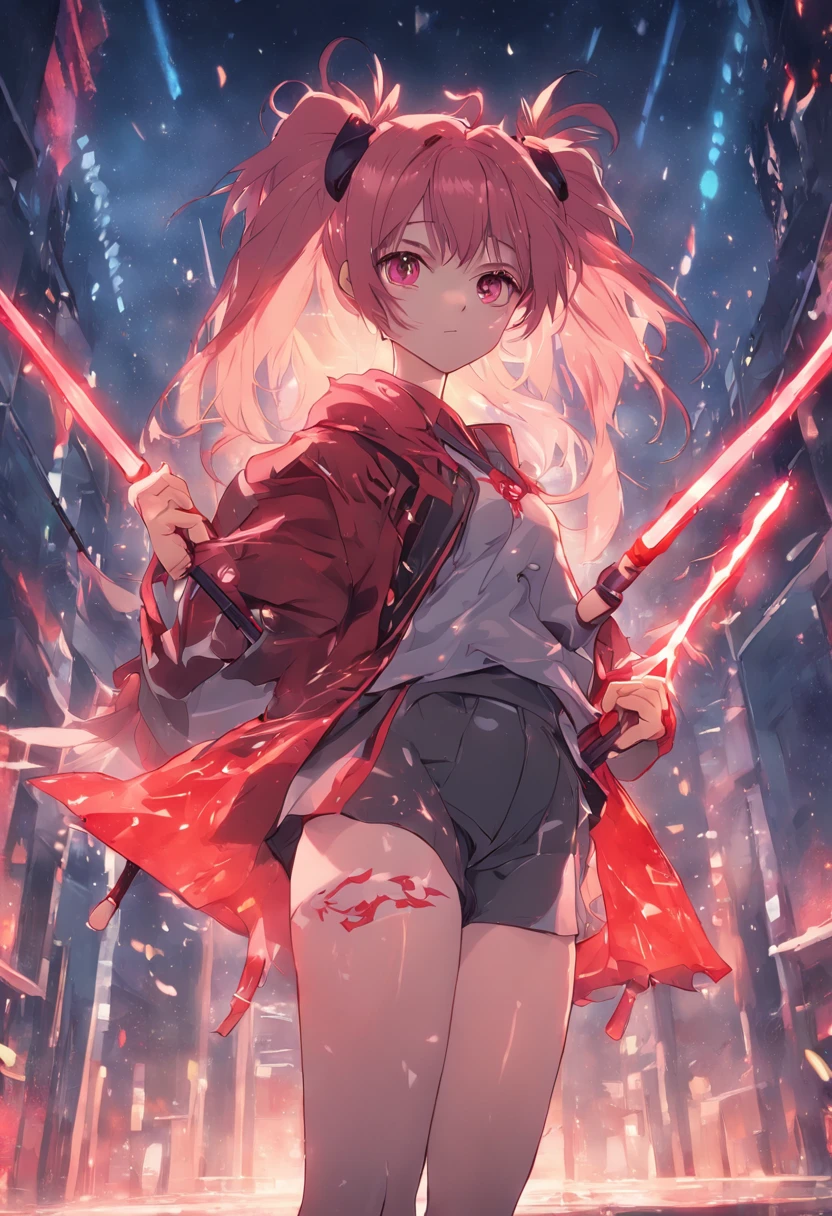 Anime two-dimensional style Double ponytail girl Tights shorts holding a spear Red pupils