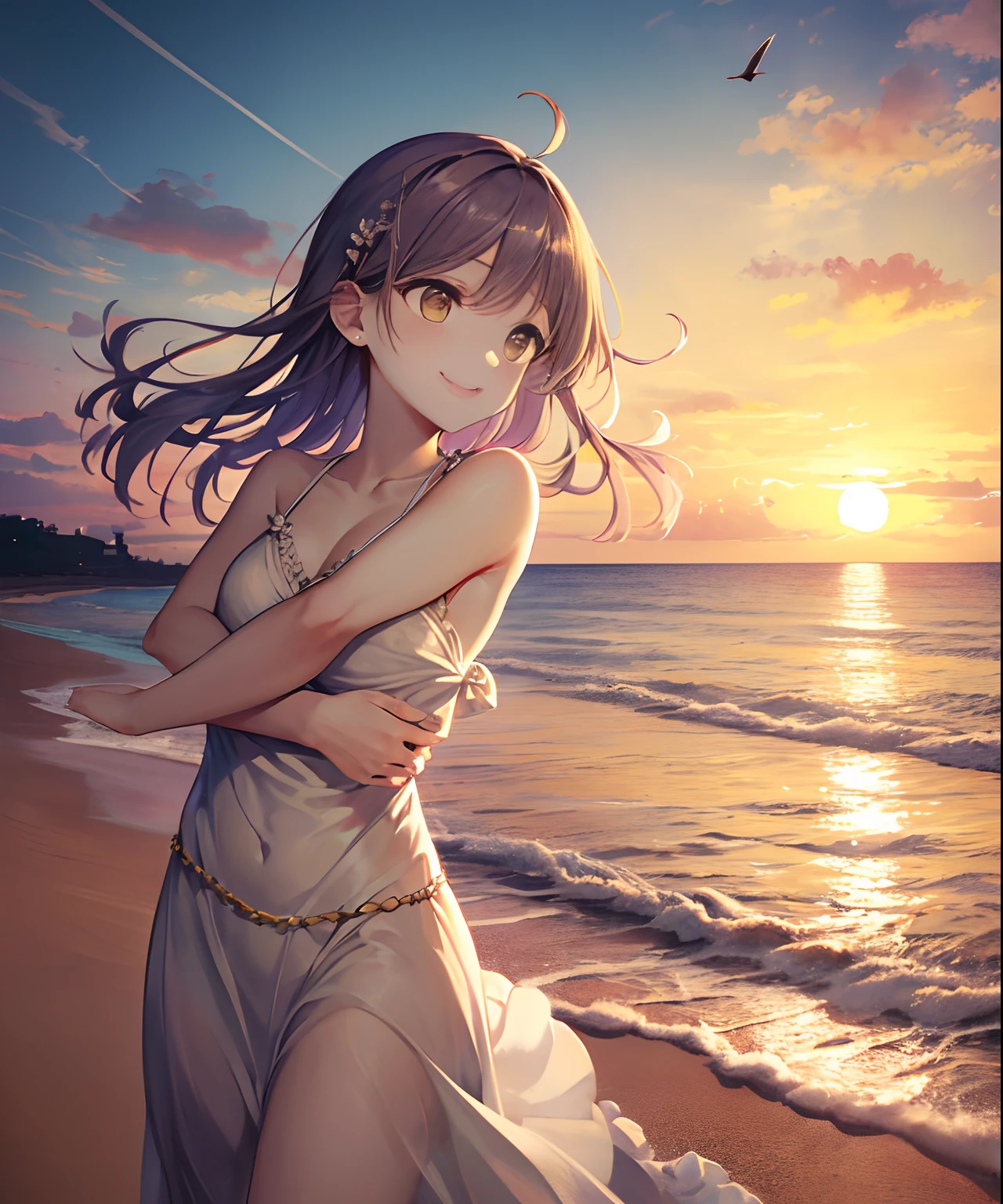 (((masterpiece)))、(((top-quality)))、((ultra-detailliert))、(illustratio)、((extremely delicate and beautiful))、、Bright smile、floating、Light purple hair、(Detailed light) (1girl in)、、独奏、The long-haired、The wind is blowing、A WORLD、(cute eye)、an orange、pink there、Yellow blends to fill the sky、The sunset over the beach is truly mesmerizing。The crystal clear sea gently kisses the shore、White sand beaches stretch everywhere。Seagulls soar high into the sky、It is a dynamic and breathtaking scene with palm trees gently swaying。Embrace a calm atmosphere、Peace washes you。