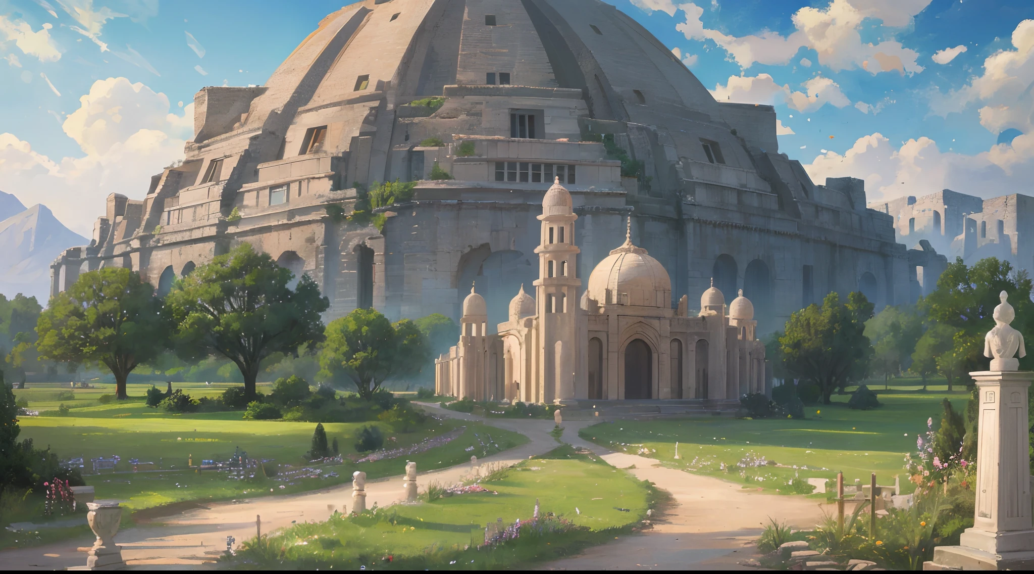 Fantastic Realism, (Masterpiece) Between the beautiful beds and the hills. A city rich in fencing, Full of animals and meadows, beautiful city of stone huge temples, giant obelisks.