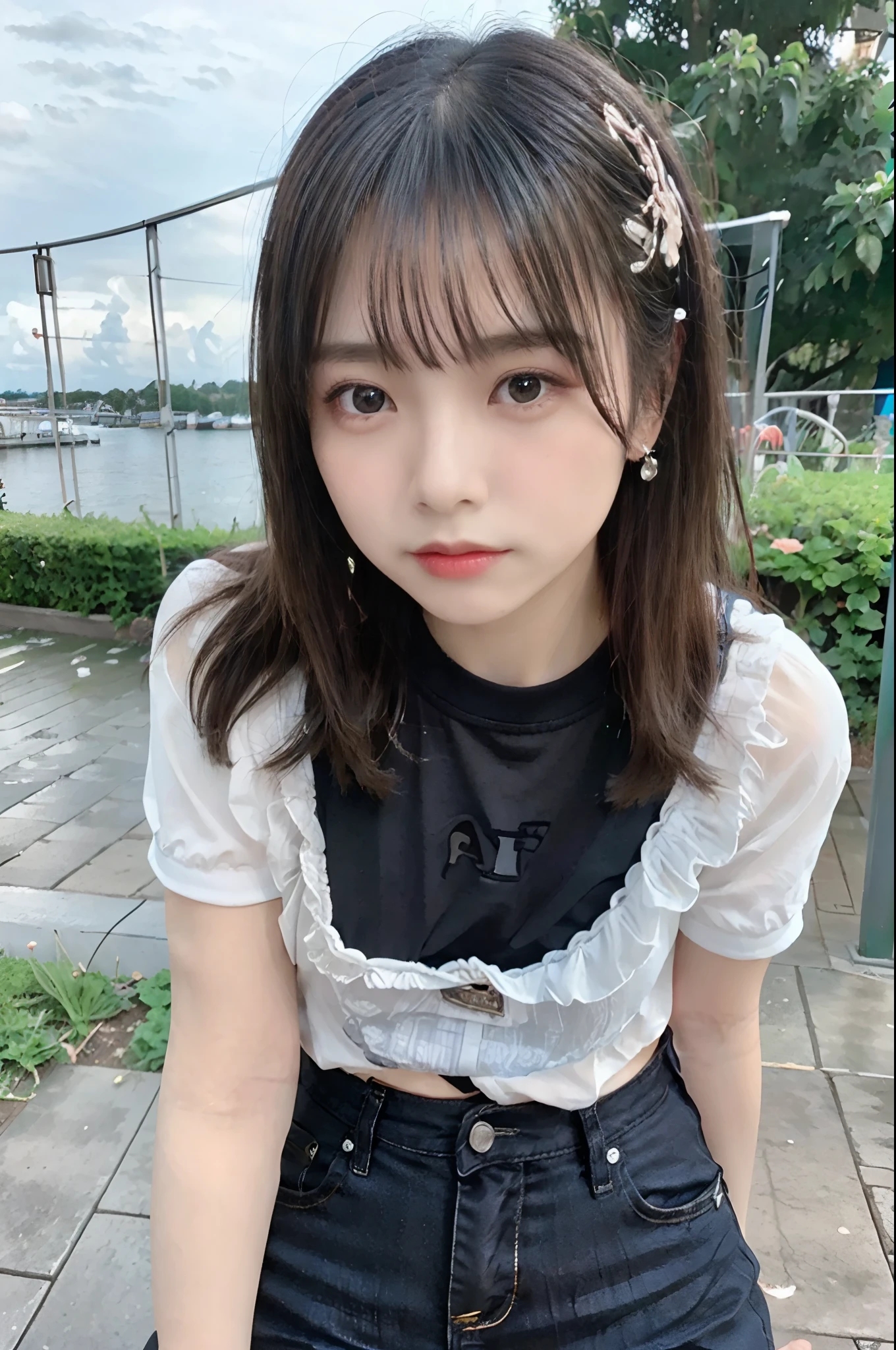NSFW、highestdetailed、hightquality、a beauty girl、Beautiful two-color hair(blanche、green grass)、a park、from side、contrail、Ship on the sea、delicate glow、Black leather jeans、Red and black short skirt、cross arms behind back、Ultra high definition body、Beautiful long hair、delicate and beautiful face、mischievous look、piercings、Wallpaper 8k CG、Ultra-Precision Fine、Ultra-Precision Fine