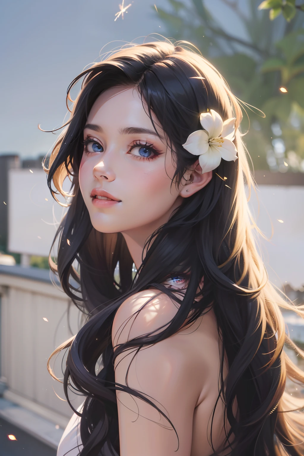 1girl,herry blossoms, 1girl, tree, solo, aurora, fireworks, long_hair, fireflies, light_particles, pine_tree, snowflake_background, milky_way, aerial_fireworks, headdress, arms behind body, blue_eyes, smile, face focus,photorealistic:1.4 detailed face,detailed eyes,shiny skin,full body,close up,looking viewers,Naked