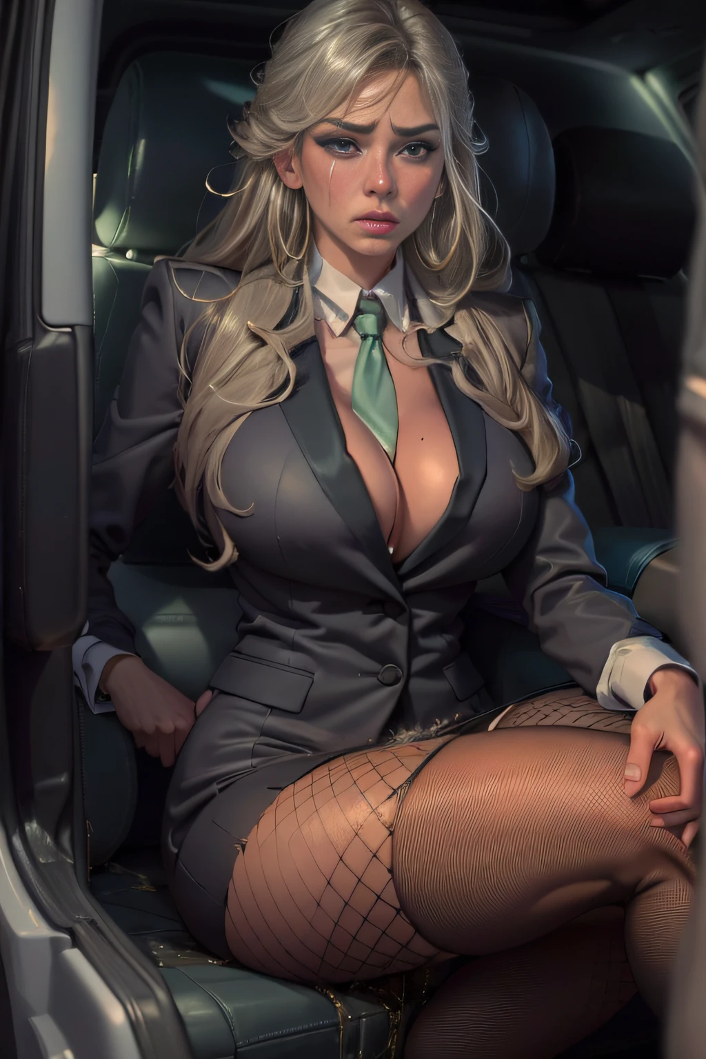 Brazilian, ganguro girl, sexy secretary, Two girls, muscular legs, muscular calves, Strong legs, muscular hips, wide thighs, Curvy hips, A full body shot, high-heeled sandals, tights in a net, Stiletto heels, Women's business suit with a short skirt, large ring earrings, He really wants to pee,sits in the back seat of a limousine, Coming soon, wants to pee, desperately wants to pee, wants to urinate, An expression of shame on his face, confusion, Desperation on the face, crying, pinches the crotch with his hand, crumples the hem of the skirt with his hands, Knees clenched together, Tense posture, bites his lower lip, full bladder, terribly wants to go to the toilet, anatomically correct, Realistic,