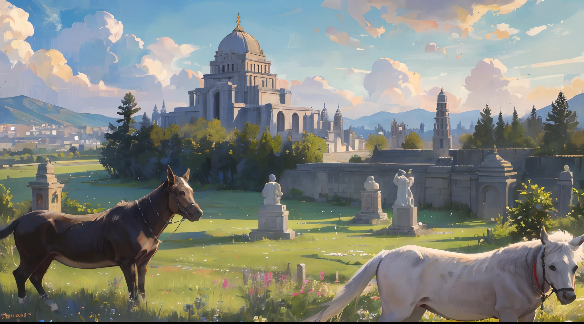Fantastic Realism, (Masterpiece) Between the beautiful beds and the hills. A city rich in fencing, Full of animals and meadows, beautiful city of stone huge temples, giant obelisks.