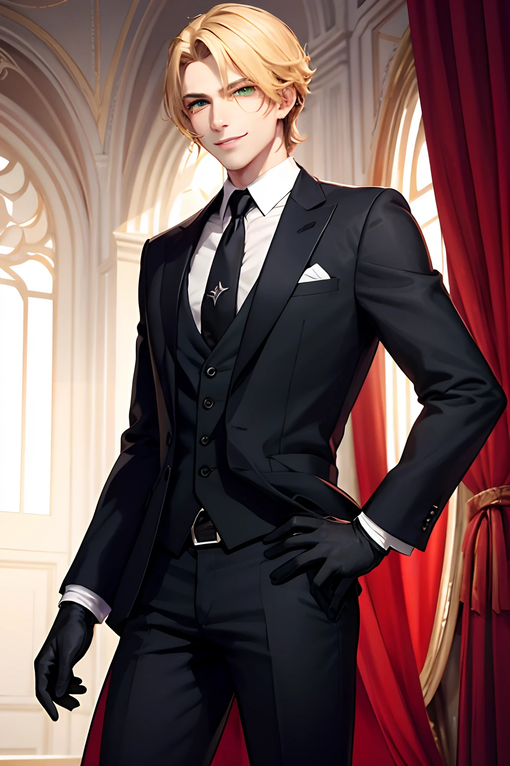 Male with blond hair, evil green eyes, evil smile, manipulative, evil, handsome, wearing suit and gloves, colorful, monarchy
