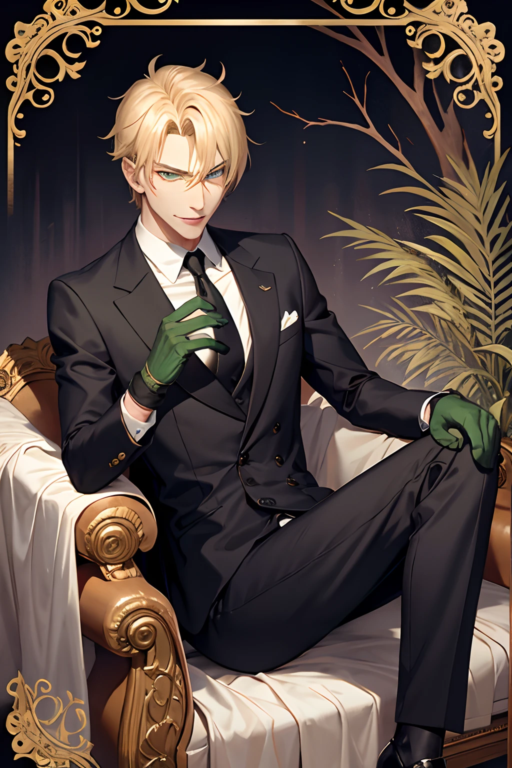 Male with blond hair, evil green eyes, evil smile, manipulative, evil, handsome, wearing suit and gloves, colorful, monarchy