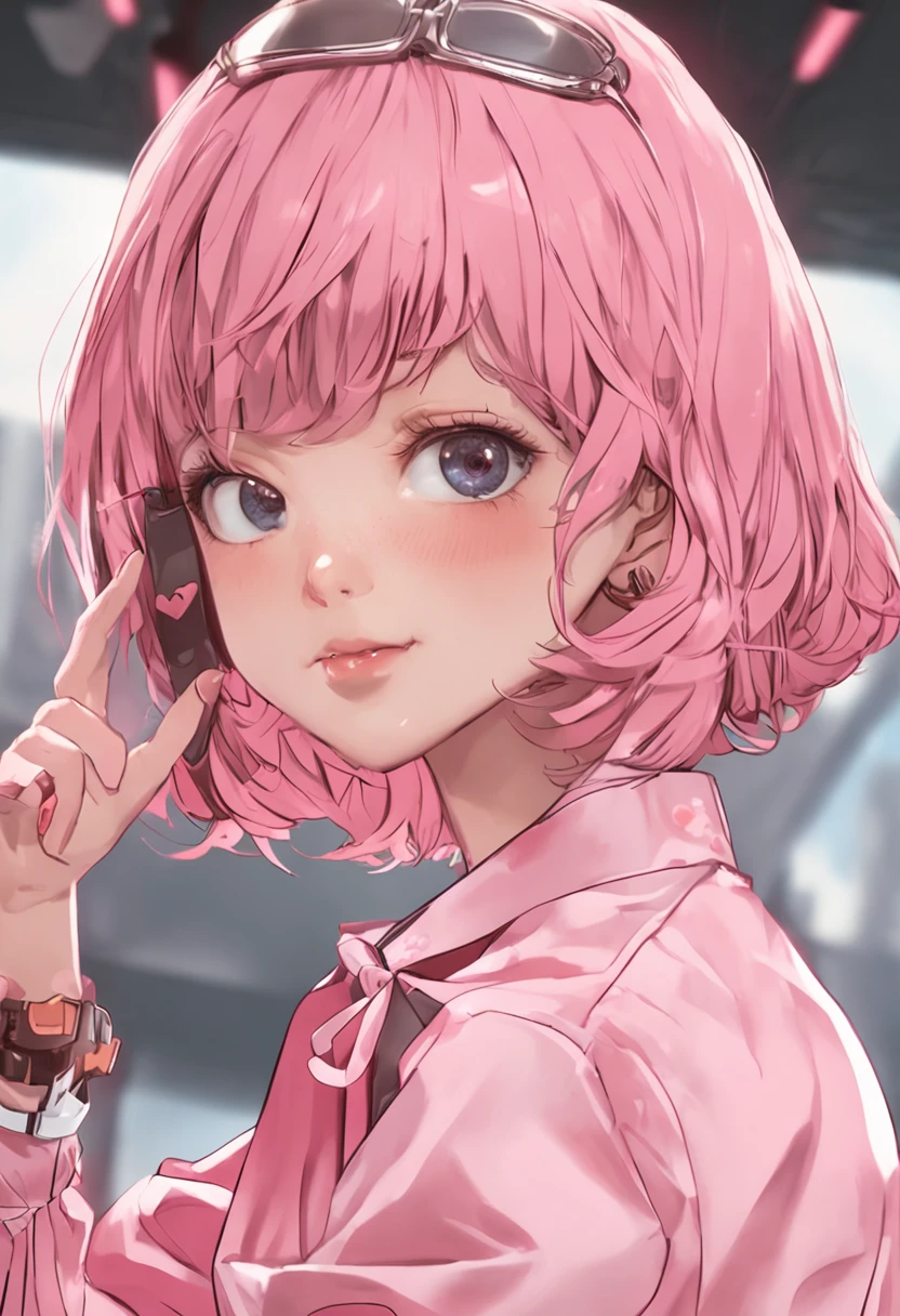 pink shorthair、Because of the bangs on the left eye、I can't see my left eye when viewed from the front.、a baby face、Wearing a well-balanced face maid outfit、