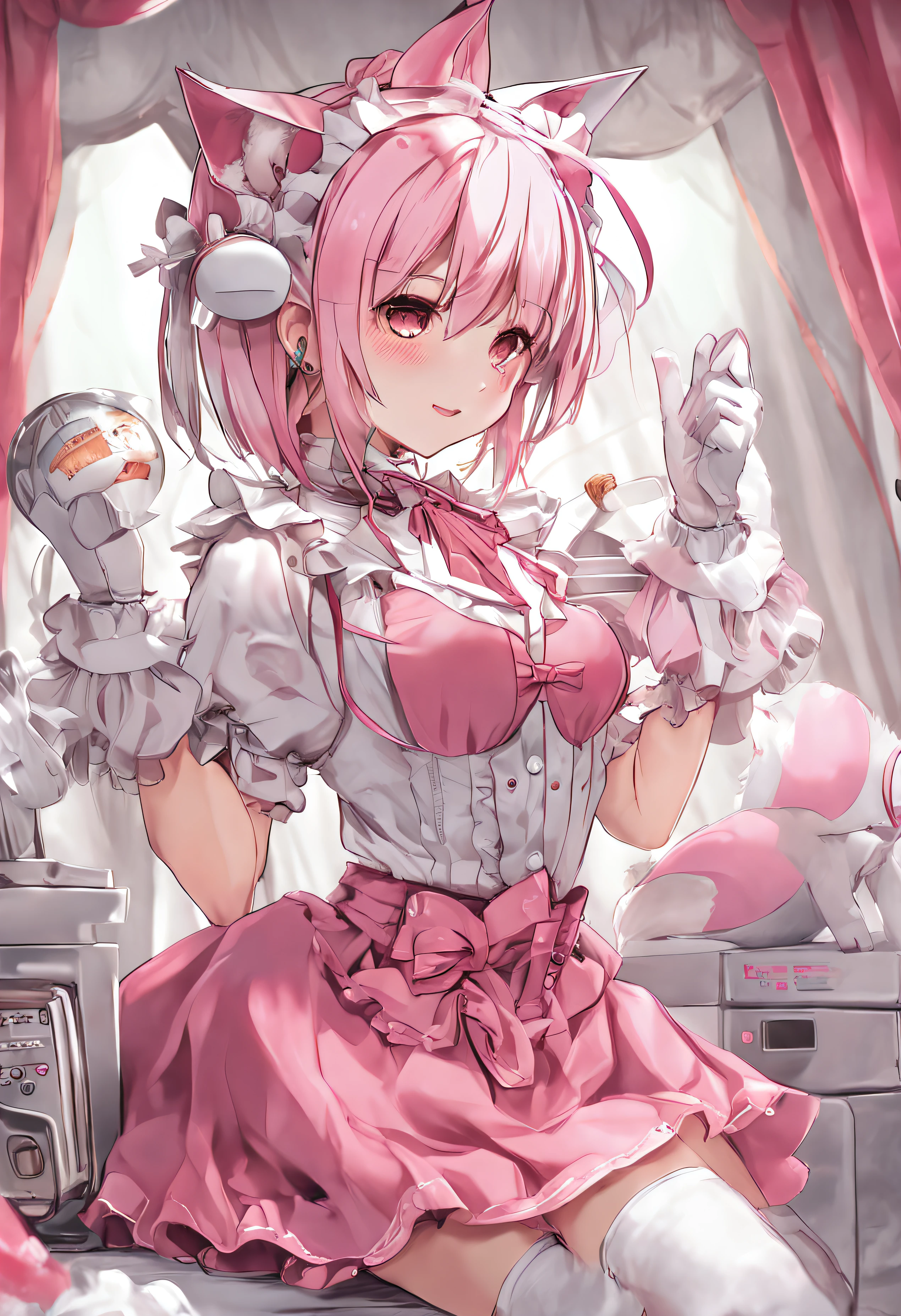 A girl with pink cat ears, a cat tail, glasses, long silver hair, a bell collar, a pink and white maid outfit, and white stockings