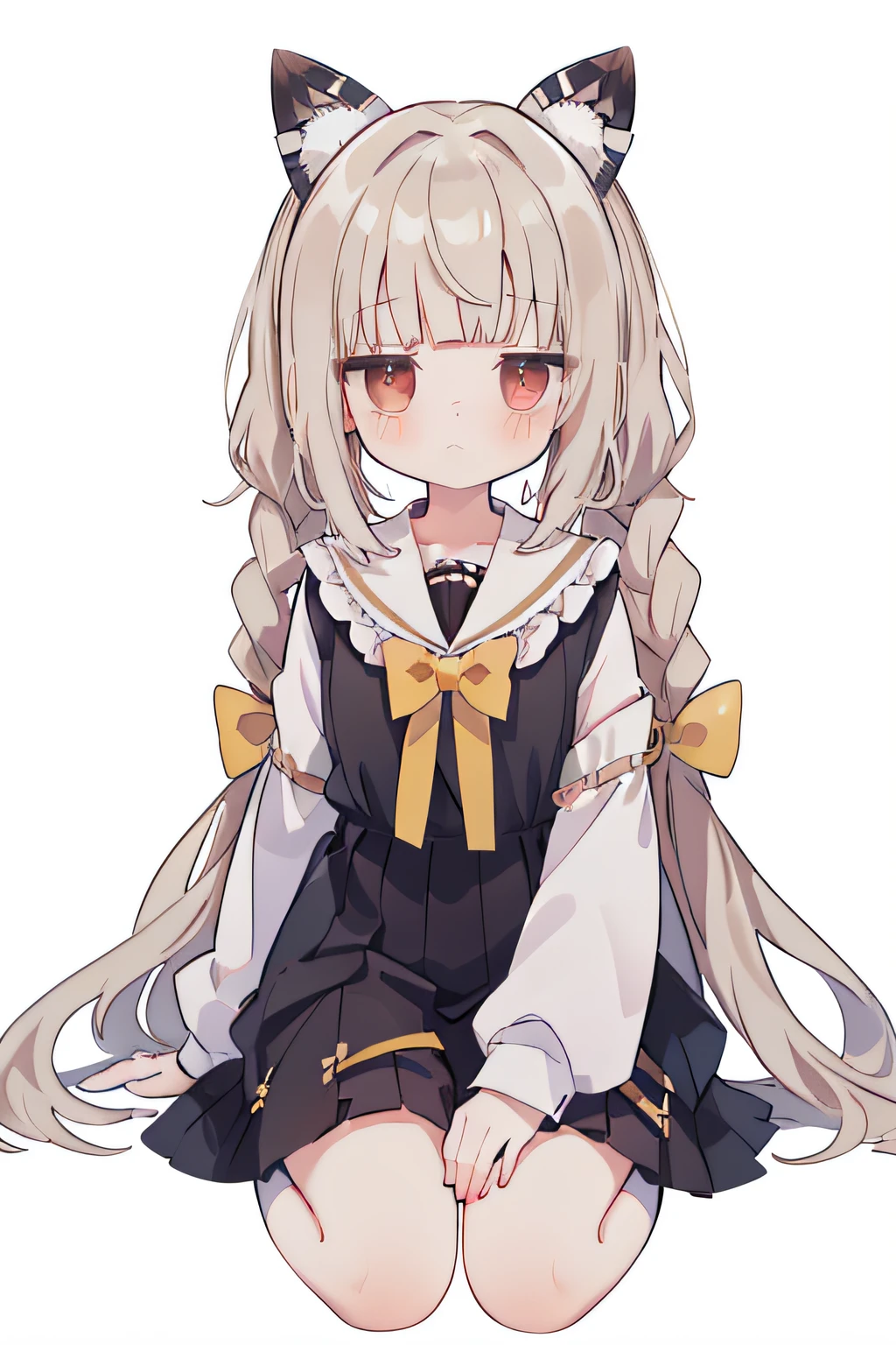 jitome、Standing Picture、full body Esbian、One girl、Head-to-waist display、A girl stands、(((Long bangs)))、pale brown, (((long hair wavy hair)))、(((Braided with side hair)))、white bow in hair、Straight face、lifeless eyes、Sigh、There is a large white ribbon on the head,,
Double ponytail girl duck sitting shy