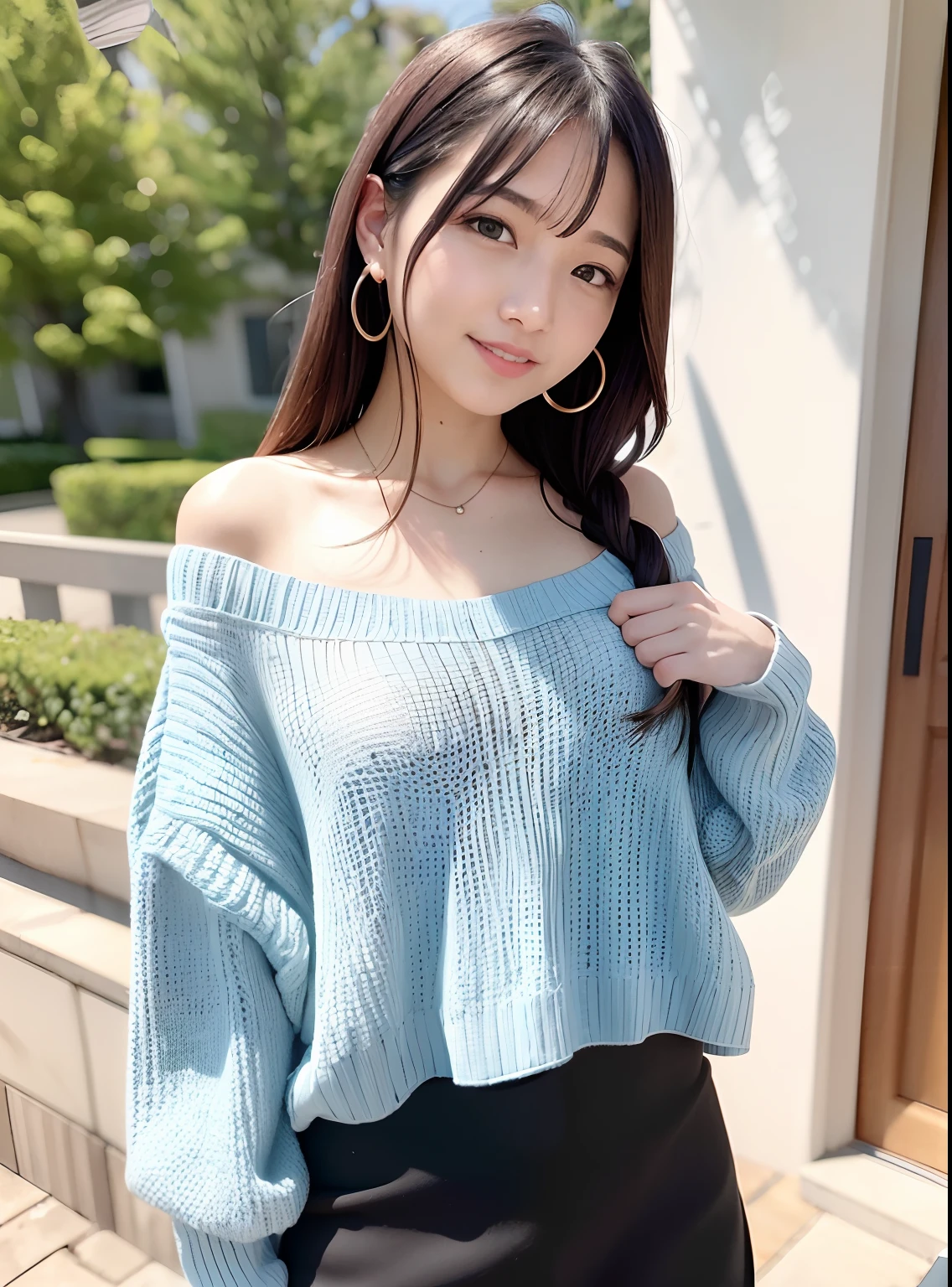 (8k, top-quality, masterpiece:1.2), (realisitic, Photorealsitic:1.37), ultra-detailliert, 1 girl in, full bodyesbian, outside of house,、earring beautiful、cute little、独奏、Beautiful detailed sky、(a smile:1.15)、(Mouth closed)、tiny chest、Eyes in Beautiful Details、Business attire、(short-hair:1.2)、Floating Hair NovaFrogStyle、Off-shoulder knitwear、Photos during a date