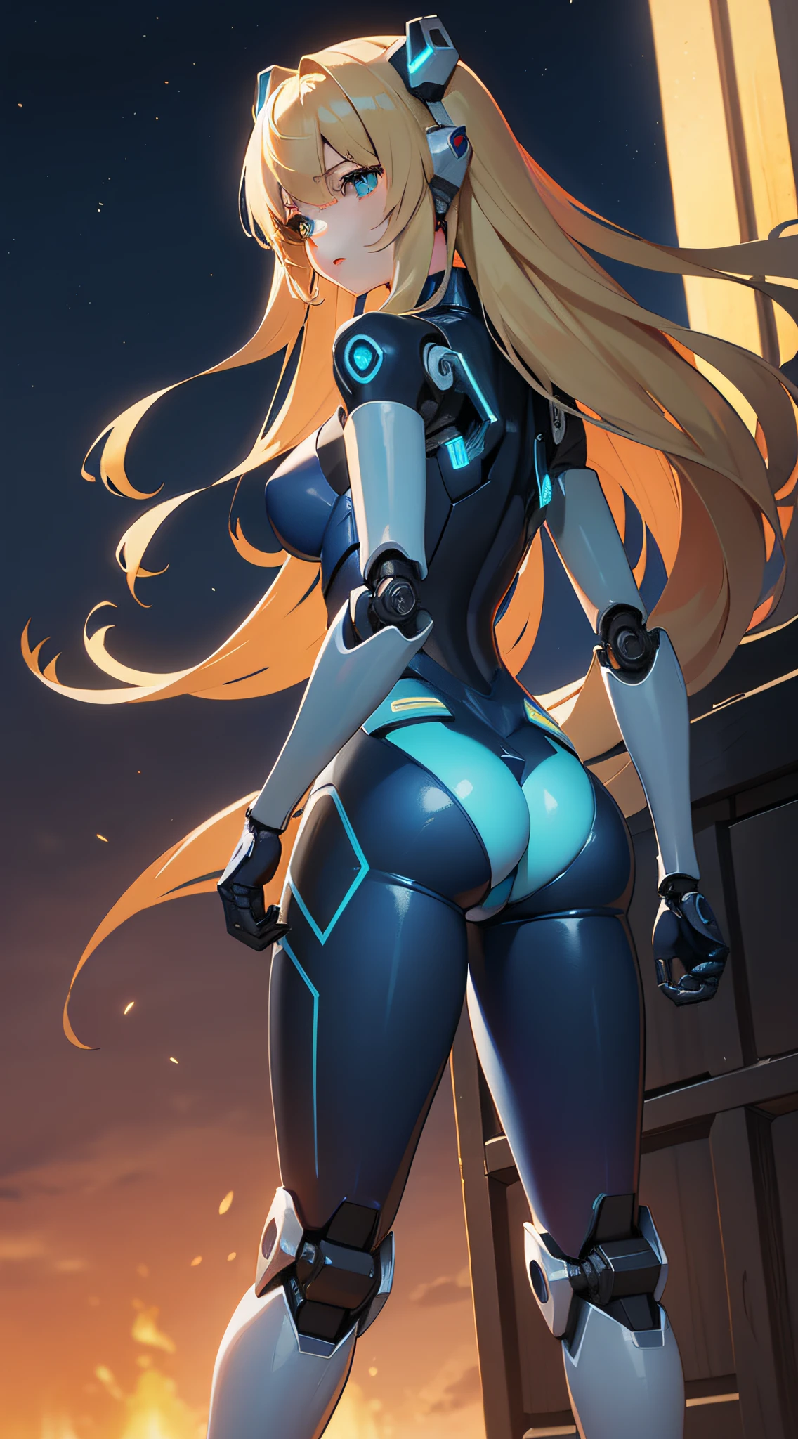 top-quality、8K、hiquality、mecha musume((Mechanical parts,Robot joints,Blue tights,big bast、Bust 100、a blond、Glowing back)),Burning town at night