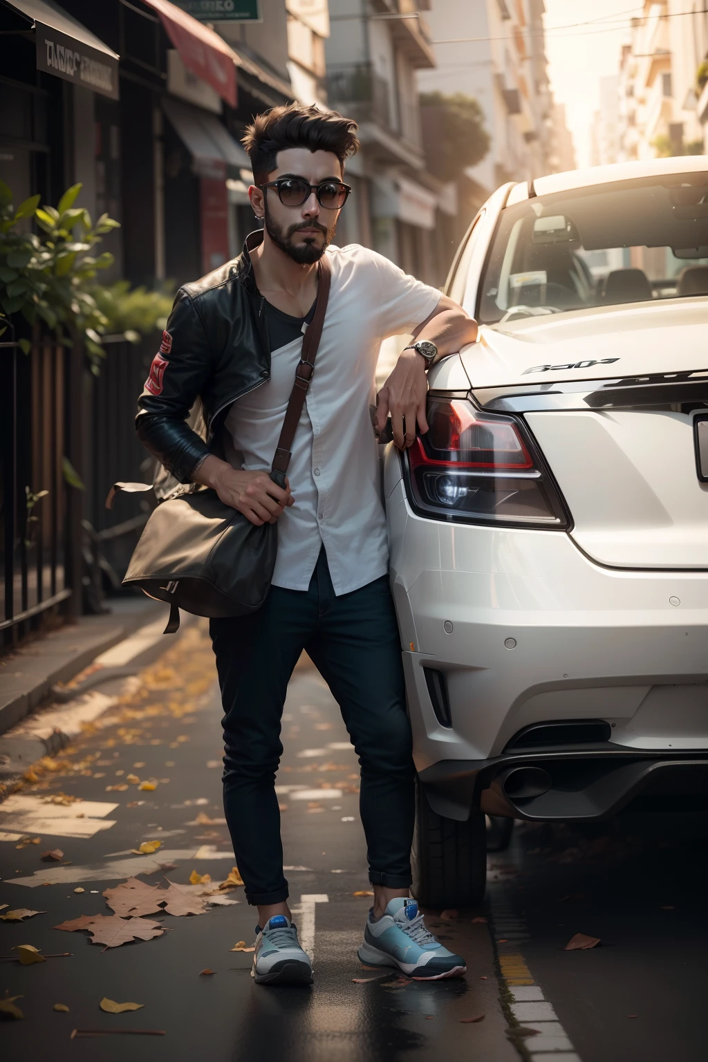 Cute boy Renatomendees sapatos pretos, tesla modelo S preto no fundo, arm crossed, cinemactic, Hiperdetalhes, hyper realistic, Realistic, 4k, Capturado com uma Canon EOS R6, RF 85mm f/1.Lente 2L, Abertura f/2.8, ISO 400 Certification, Velocidade do obturador 1/1000 seg