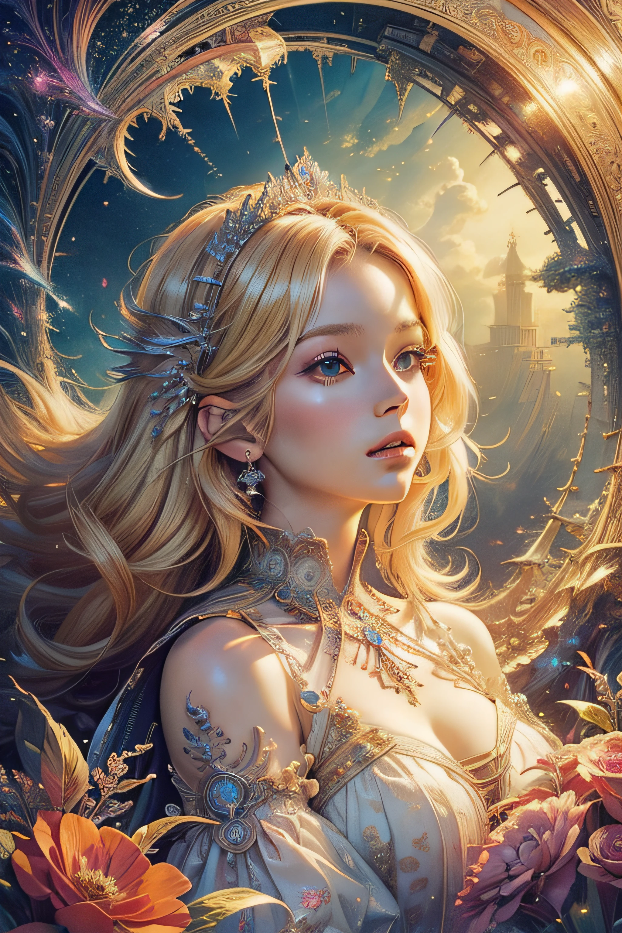 (masterpiece, top quality, best quality, official art, beautiful and aesthetic:1.2), (1maturedgirl), cute, extreme detailed,(fractal art:1.3),colorful,highest detailed,, blonde hair queen, peaceful background,