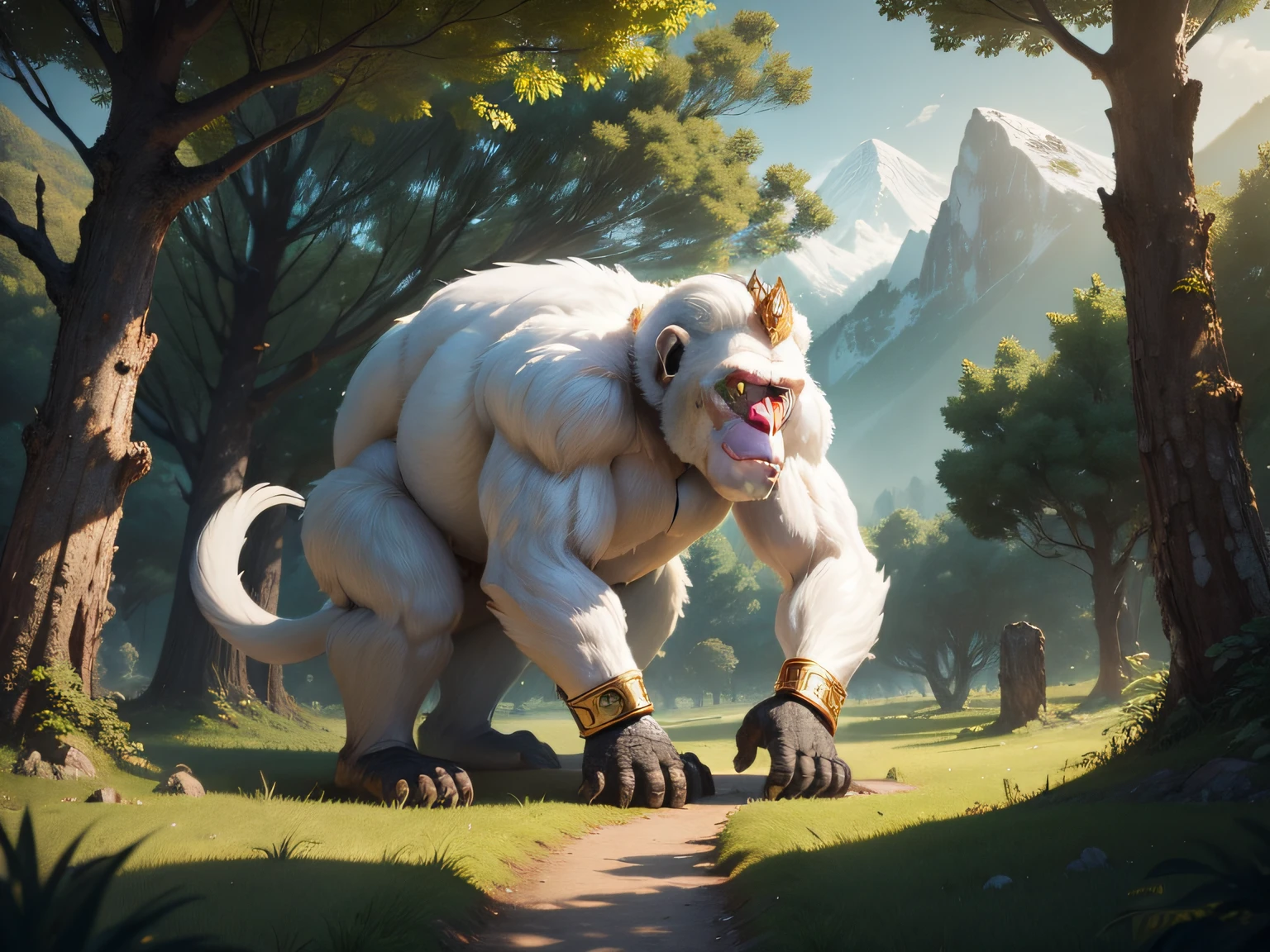 tmasterpiece，A high resolution，3D，CG animation，exteriors，Chinese mythology and stories，Inspired by the Classic of Mountains and Seas，Mountain and sea scripture mythical beast macaque，（White ears）of macaques，，Human face