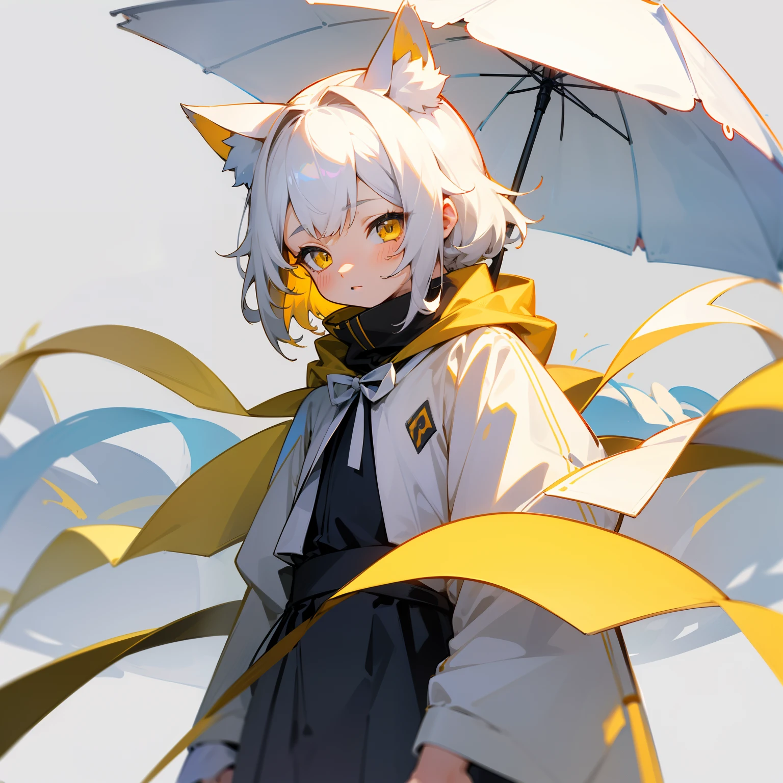 1girl,shota,(high-definition quality,Masterpiece level),Fresh and cold girl character,Cat ears and cat tail accentuate the character's sense of belonging,The yellow eyes and the color of the white hair echo each other,The clean lines of the yellow ancient clothing show the dignified and confident character of the character,The cute temperament is lovely。without background,Blank screen, k hd,tmasterpiece, white backgrounid