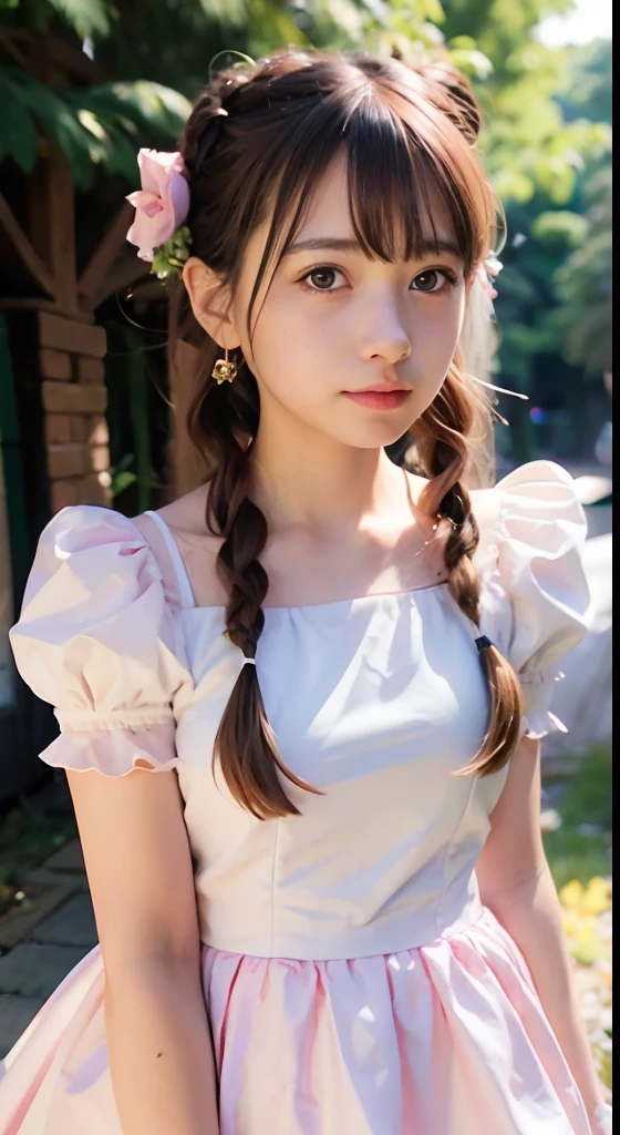 (ultra-detailliert), Cute princess dresses in pink color,(frilly dress),(shortsleeves),Blue eyes,The upper part of the body、a closeup、faces、(A smile:1.1),(facing front:1.2), 20yr old, s girl,no tail,(no tail),2D, ​masterpiece, top-quality, A detailed eye, A detailed face, girl with, Only 1 person,Brown hair medium hair, (Brown hair),  Ear Hair, small tits, Single braid, (Single braid), (Side braid), Pink ribbon, Ribbon around the neck, (White sleeves), Background bokeh